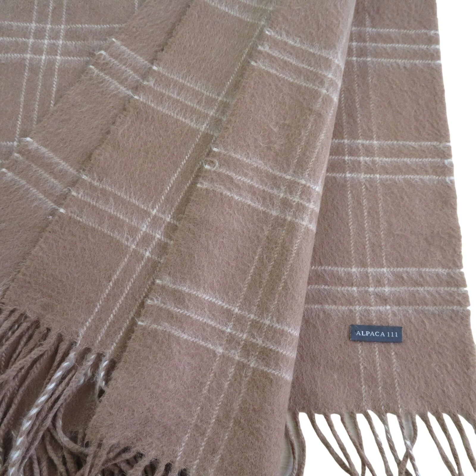Alpaca Wool Blanket Peruvian Throw Blanket Brown White Plaid Fringe by Alpaca III - Image 2