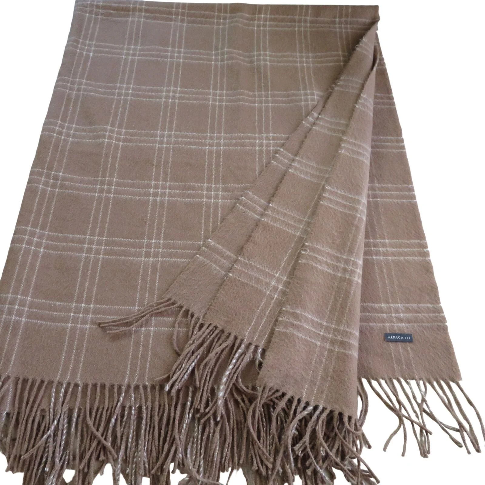 Alpaca Wool Blanket Peruvian Throw Blanket Brown White Plaid Fringe by Alpaca III - Image 6