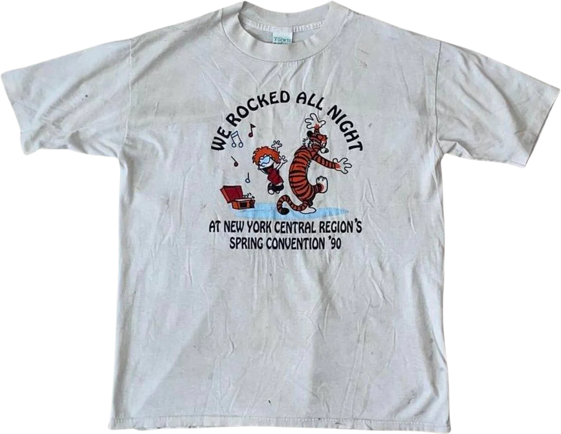 Amazing 90s Calvin and Hobbes “we Rocked All Night” Paper Thin Distressed White T-Shirt by T-Shirts