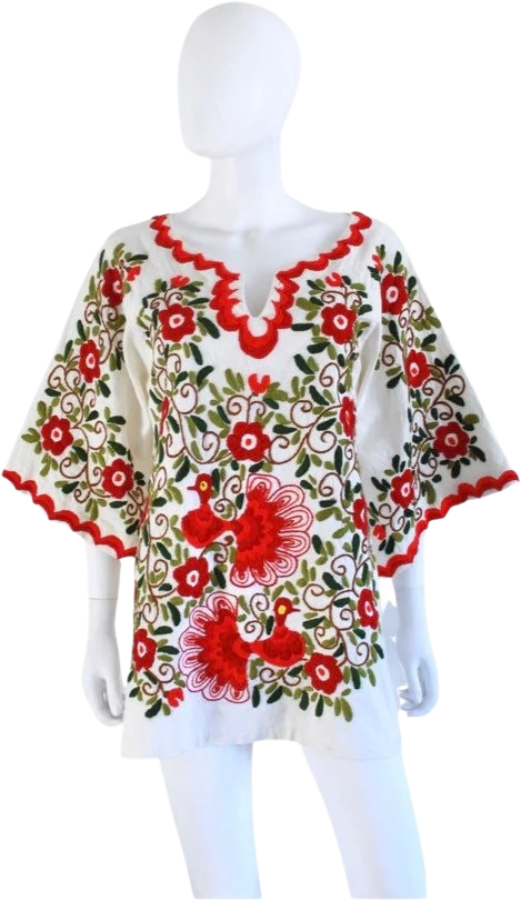 Amazing Late 60s Red and Green Embroidered Peasant Blouse