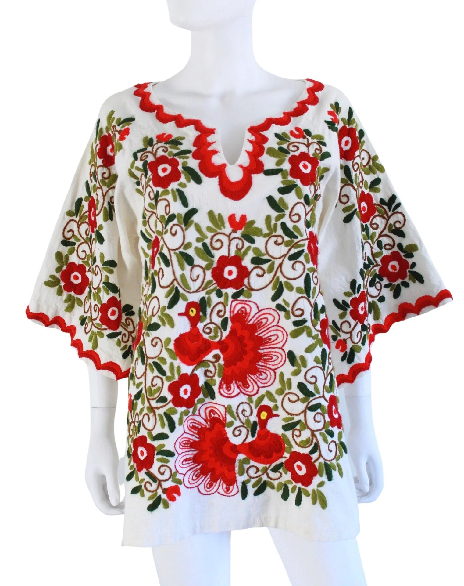 Amazing Late 60s Red and Green Embroidered Peasant Blouse - Image 3