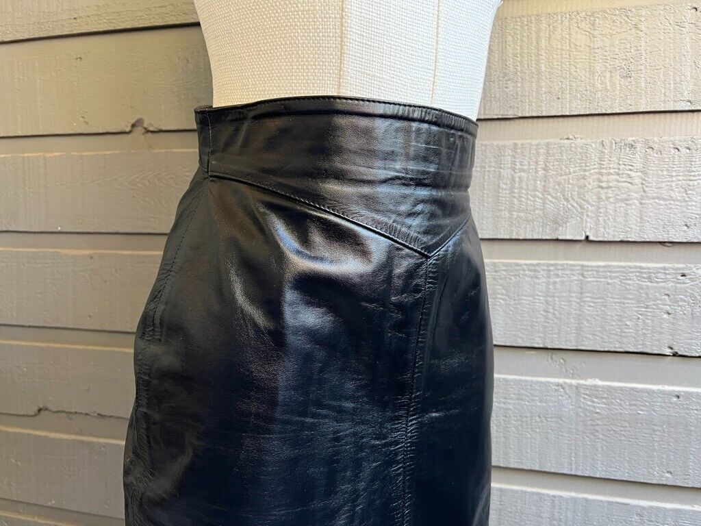 80s Black Leather Fairy Grunge Pencil Slit Skirt 34” By Andrade - Image 3