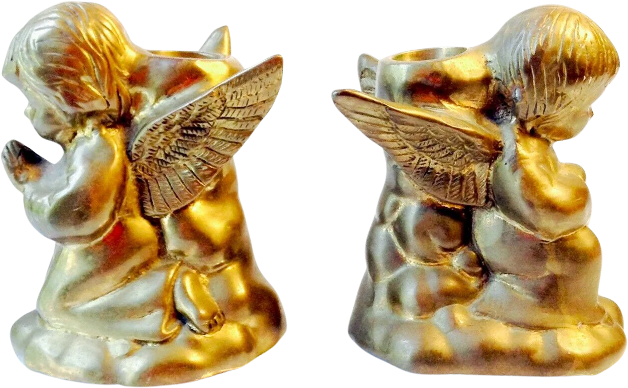 Angels Cherubs Candle Holder Pair Vintage Solid Brass Made In India Euc