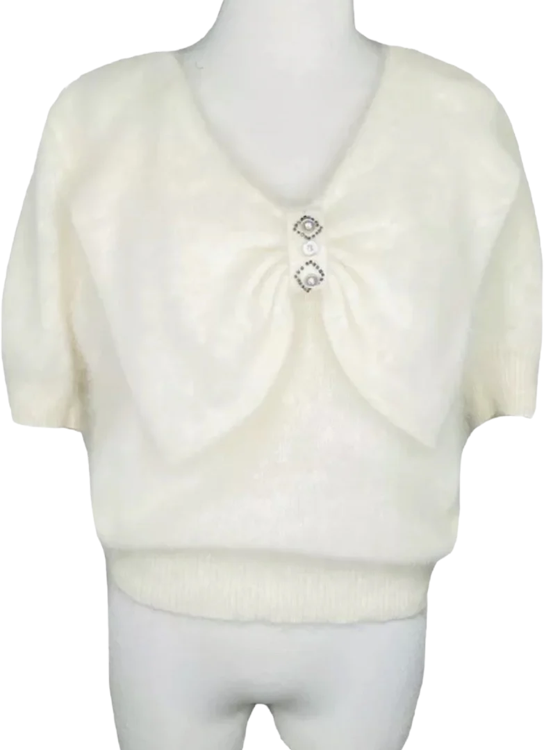 Angora Sweater Dolman Sleeve Ivory Beaded Bow Accent Vintage 90s by IB Diffusion
