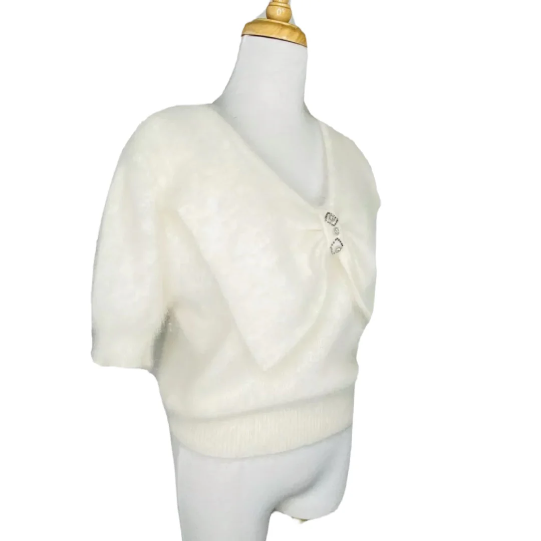Angora Sweater Dolman Sleeve Ivory Beaded Bow Accent Vintage 90s by IB Diffusion - Image 10