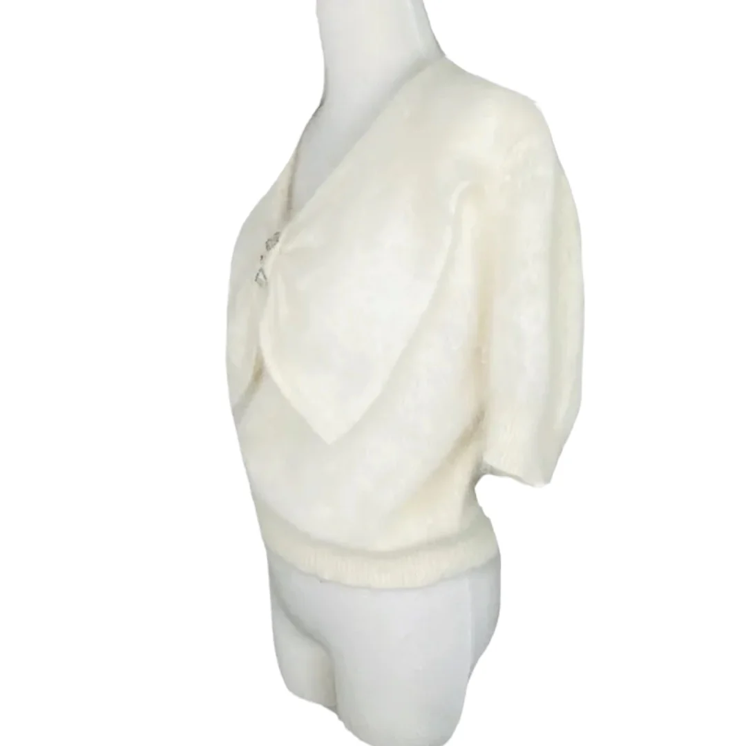 Angora Sweater Dolman Sleeve Ivory Beaded Bow Accent Vintage 90s by IB Diffusion - Image 2