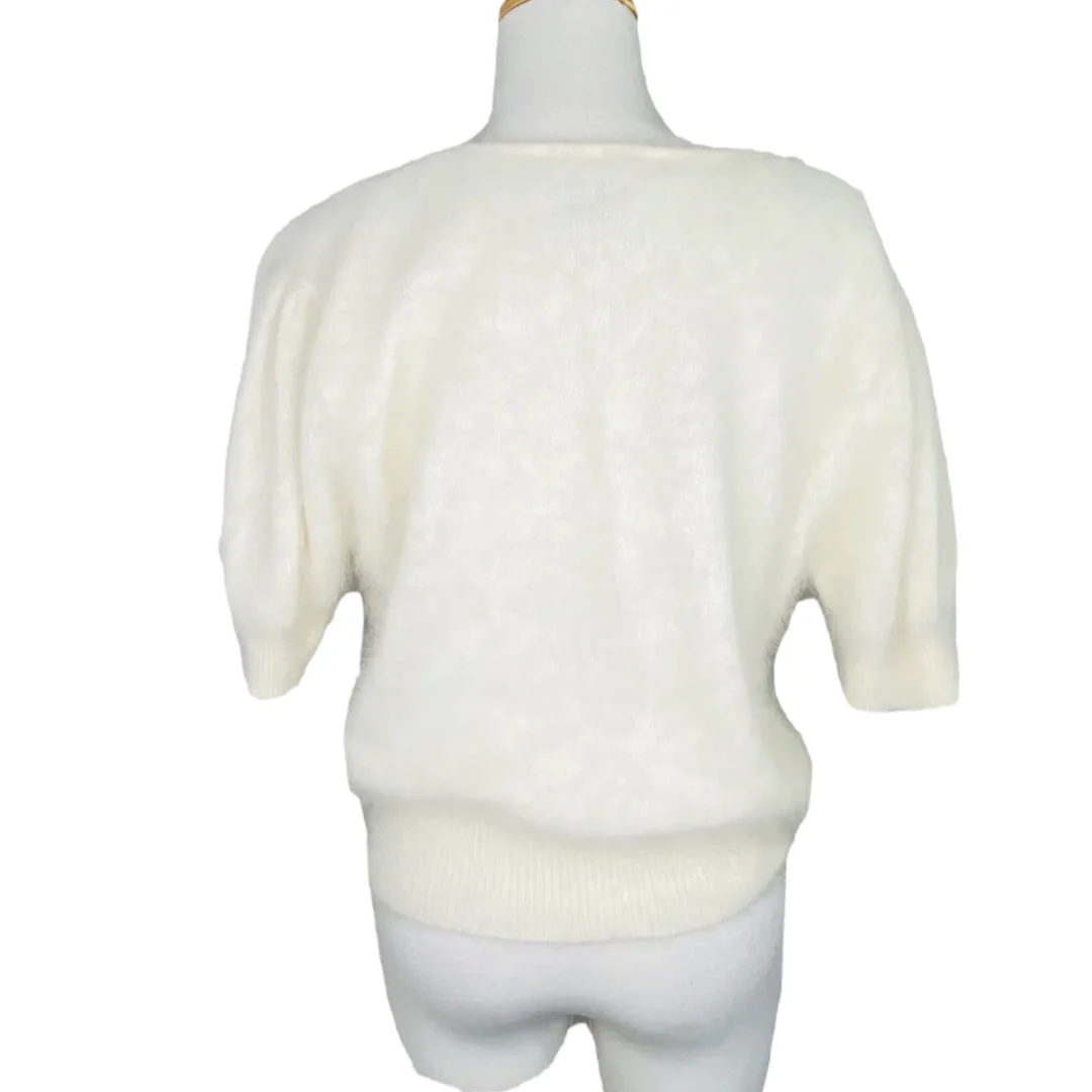 Angora Sweater Dolman Sleeve Ivory Beaded Bow Accent Vintage 90s by IB Diffusion - Image 4