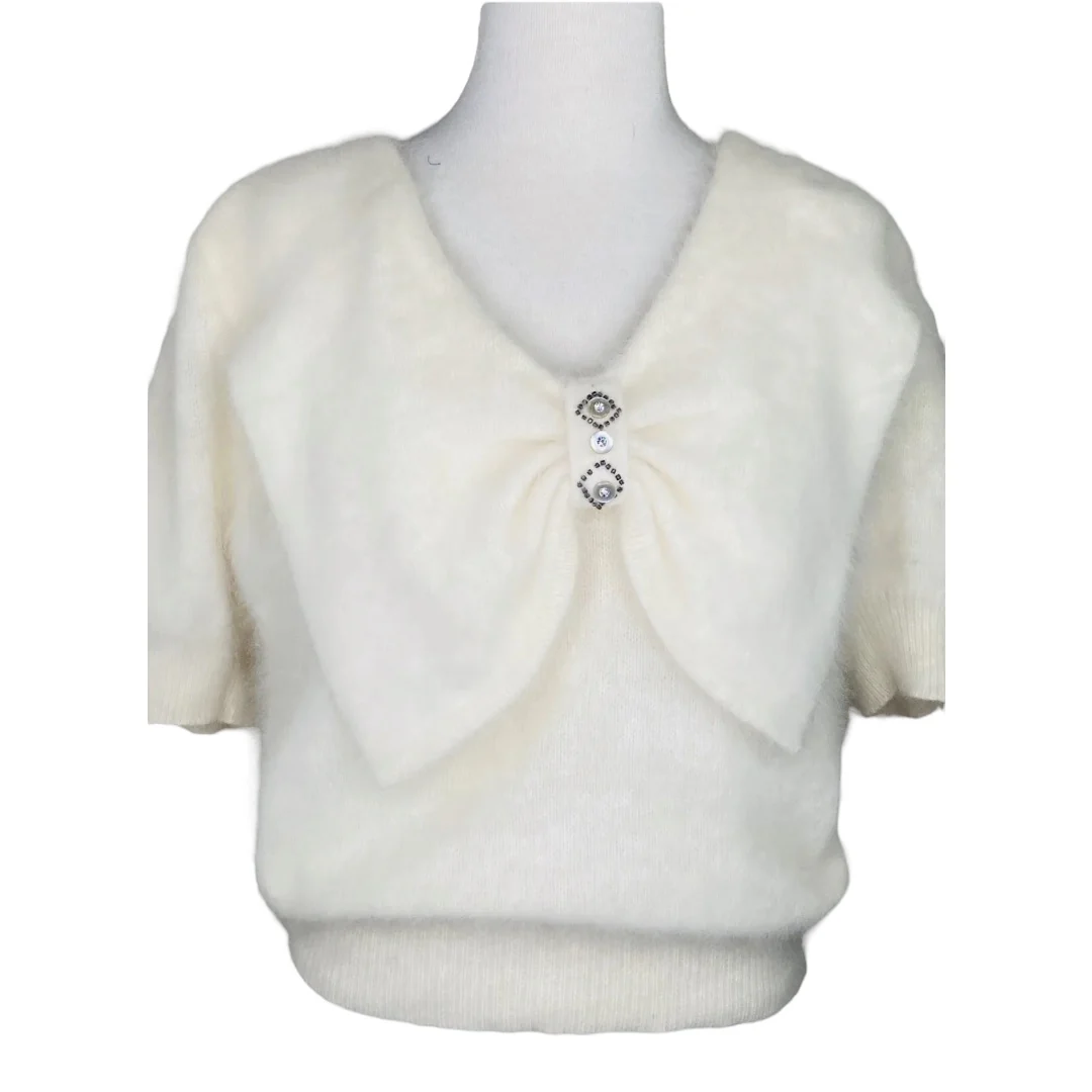 Angora Sweater Dolman Sleeve Ivory Beaded Bow Accent Vintage 90s by IB Diffusion - Image 6