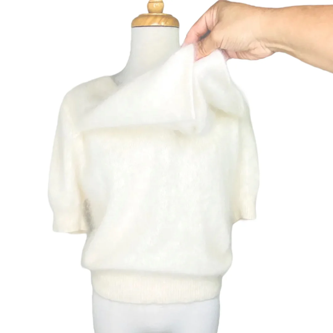 Angora Sweater Dolman Sleeve Ivory Beaded Bow Accent Vintage 90s by IB Diffusion - Image 7