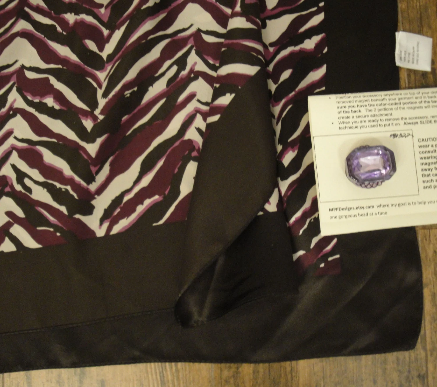 Animal Print Silk Square Scarf 35 Inch Brown Cream 2 Shades of Purple Terrific Design and Color Combination Bonus Magnetic Brooch Vtg - Image 2