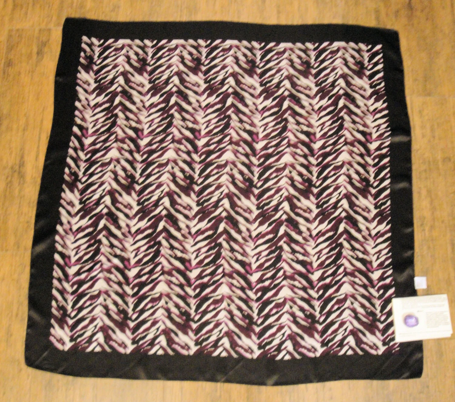 Animal Print Silk Square Scarf 35 Inch Brown Cream 2 Shades of Purple Terrific Design and Color Combination Bonus Magnetic Brooch Vtg - Image 3