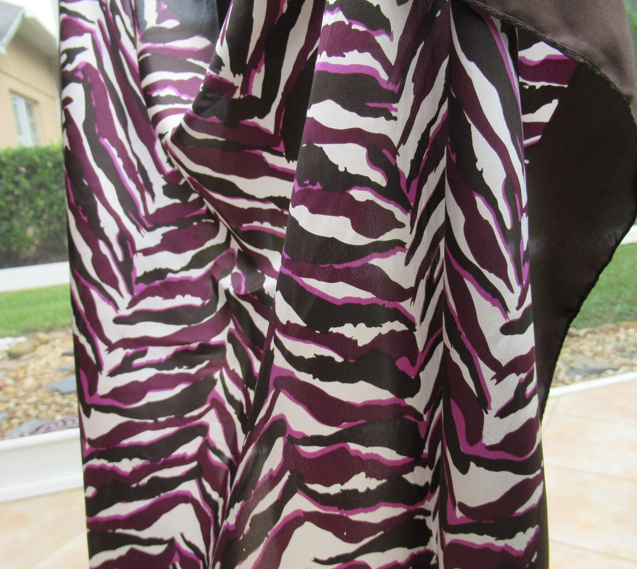 Animal Print Silk Square Scarf 35 Inch Brown Cream 2 Shades of Purple Terrific Design and Color Combination Bonus Magnetic Brooch Vtg - Image 6