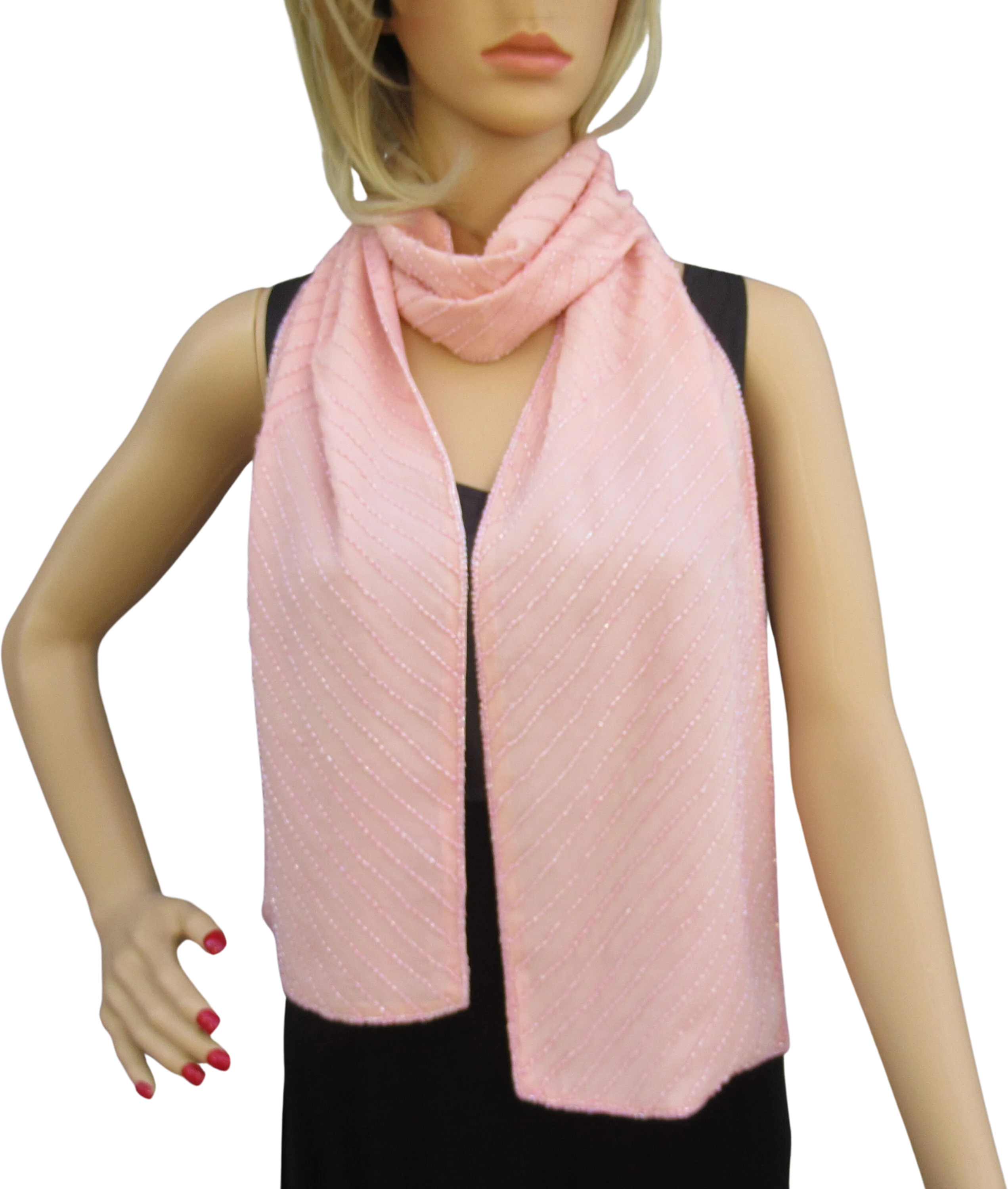 Ann Taylor Oblong Silk Scarf 68 8 Oblong Made In India Diagonal Lines of Tiny Pink Beads Double Sided Wsolid Pink Side Vintage by Ann Taylor