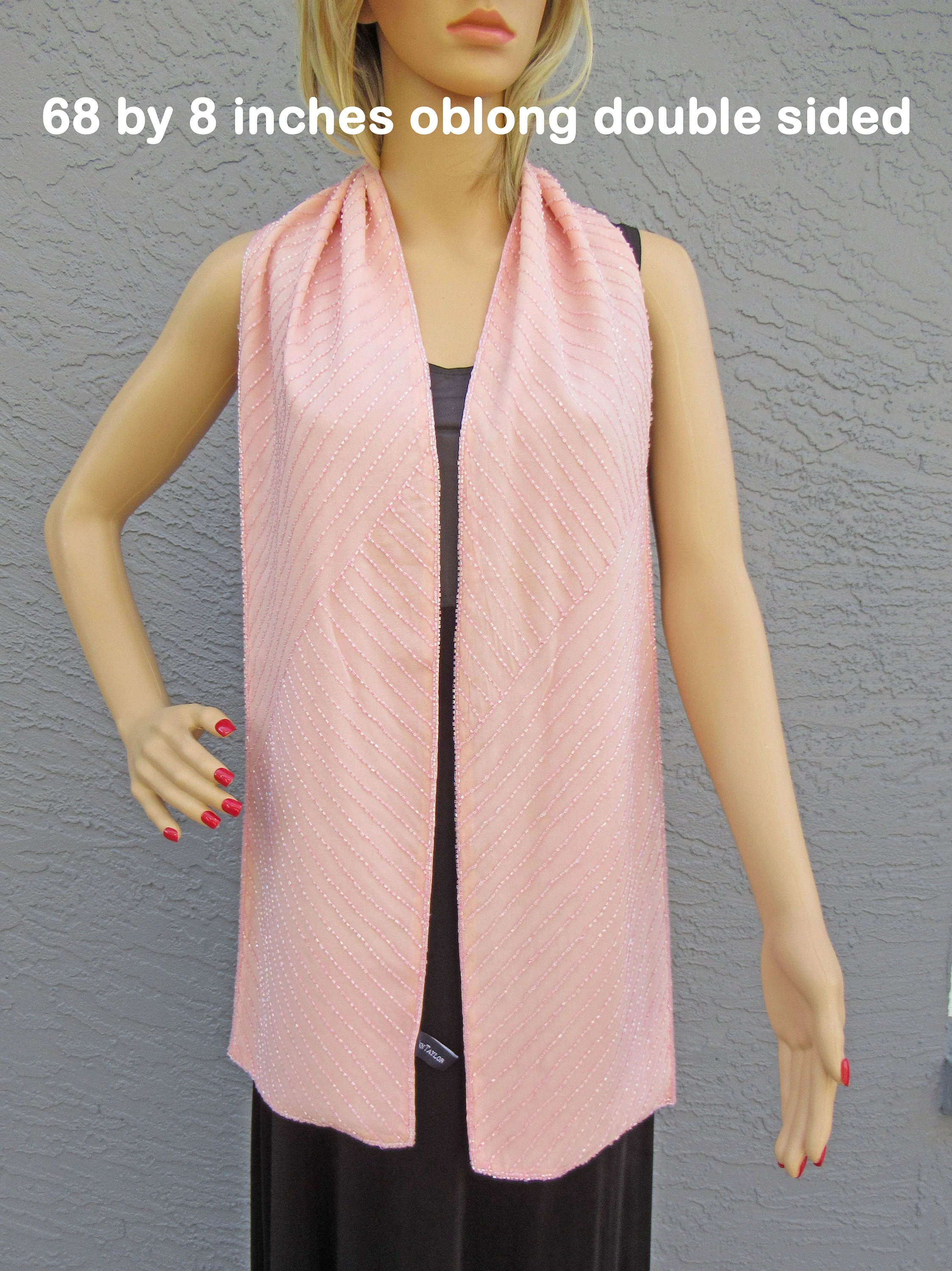 Ann Taylor Oblong Silk Scarf 68 8 Oblong Made In India Diagonal Lines of Tiny Pink Beads Double Sided Wsolid Pink Side Vintage by Ann Taylor - Image 2