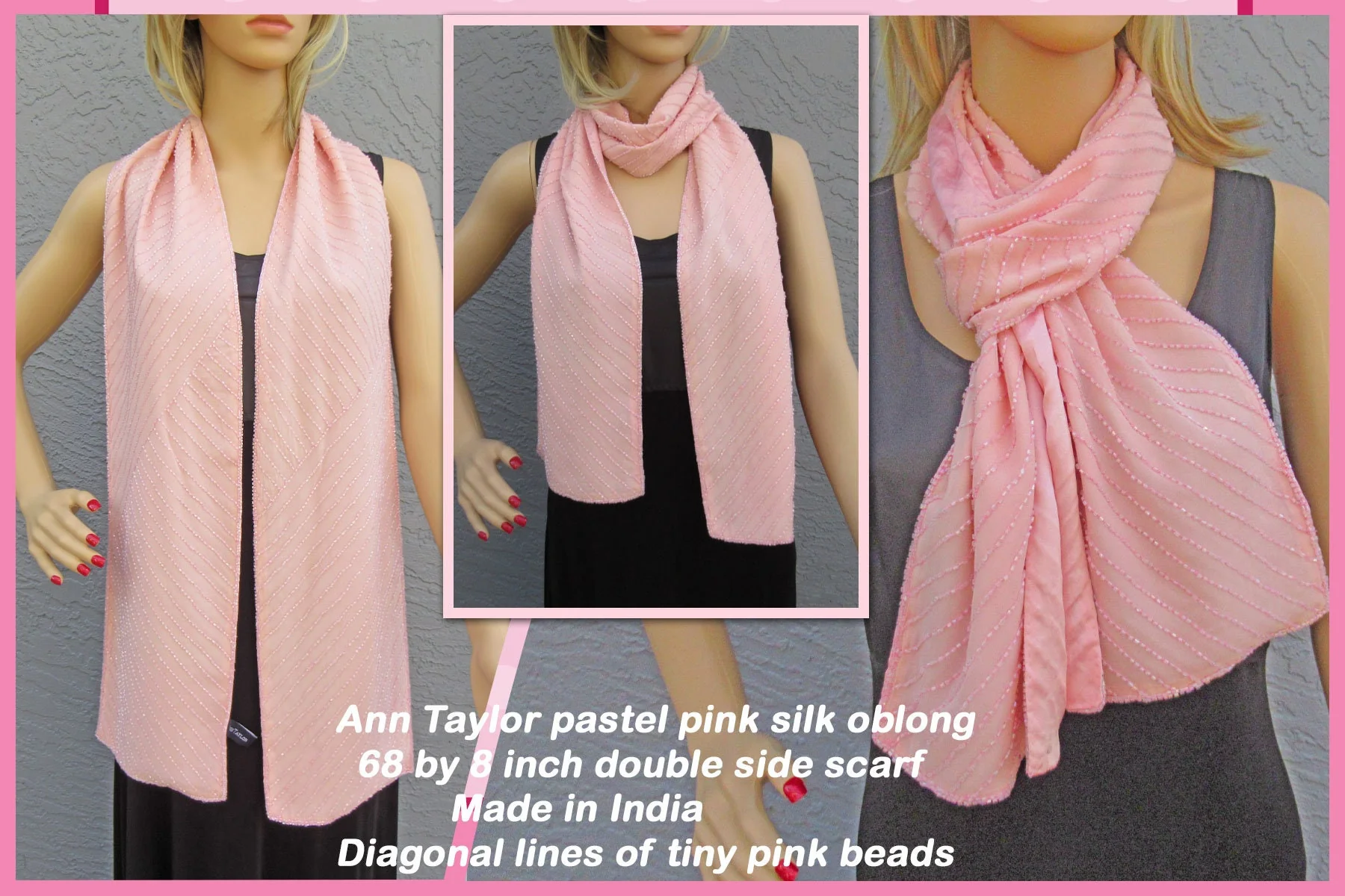 Ann Taylor Oblong Silk Scarf 68 8 Oblong Made In India Diagonal Lines of Tiny Pink Beads Double Sided Wsolid Pink Side Vintage by Ann Taylor - Image 3