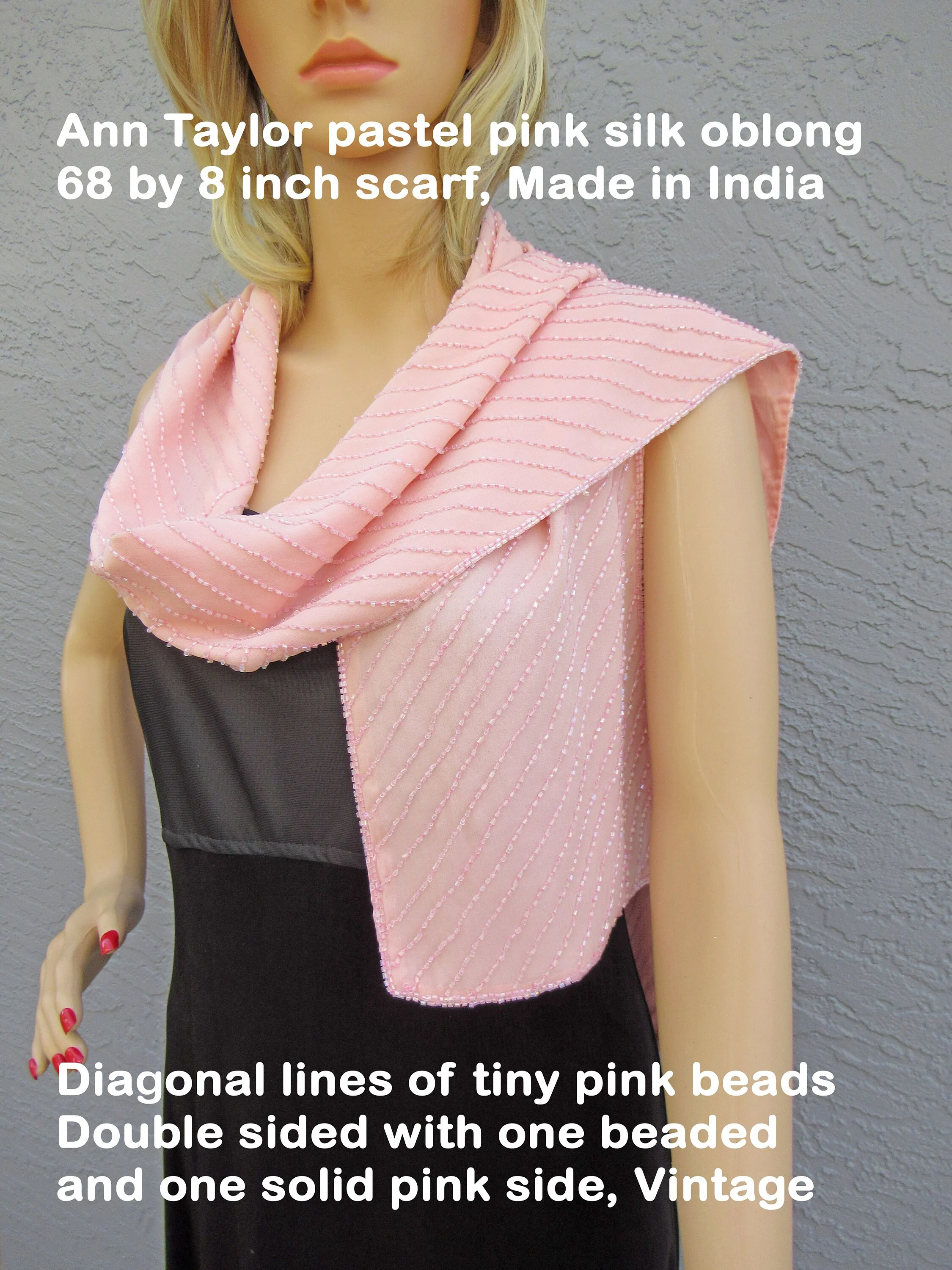 Ann Taylor Oblong Silk Scarf 68 8 Oblong Made In India Diagonal Lines of Tiny Pink Beads Double Sided Wsolid Pink Side Vintage by Ann Taylor - Image 4