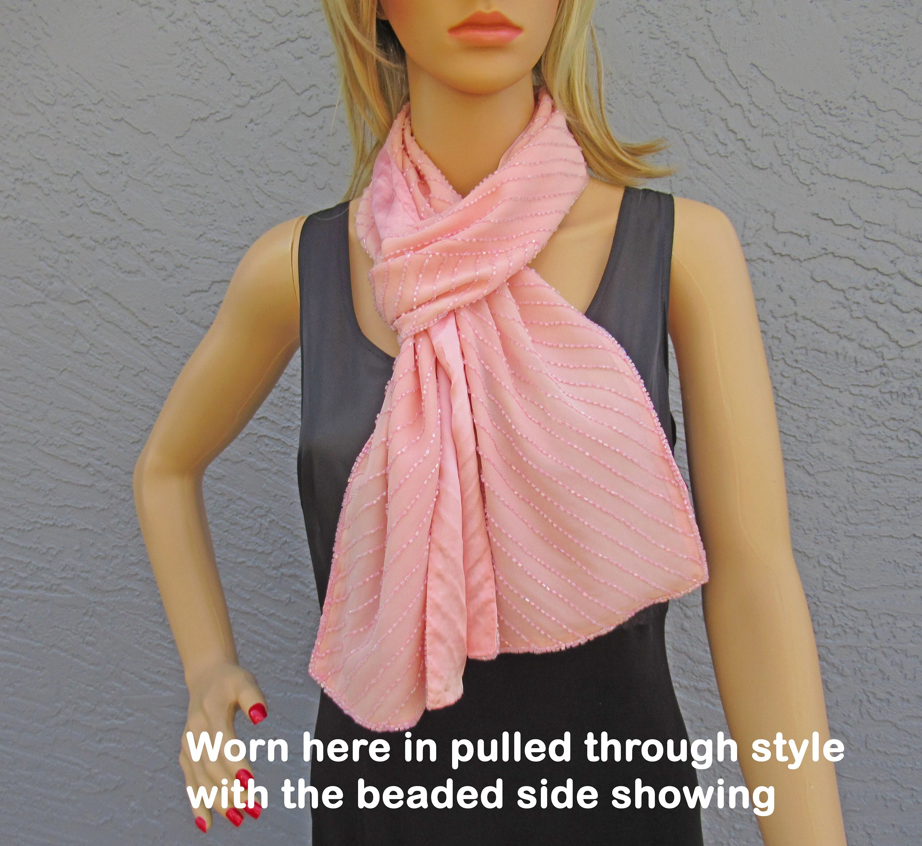 Ann Taylor Oblong Silk Scarf 68 8 Oblong Made In India Diagonal Lines of Tiny Pink Beads Double Sided Wsolid Pink Side Vintage by Ann Taylor - Image 5