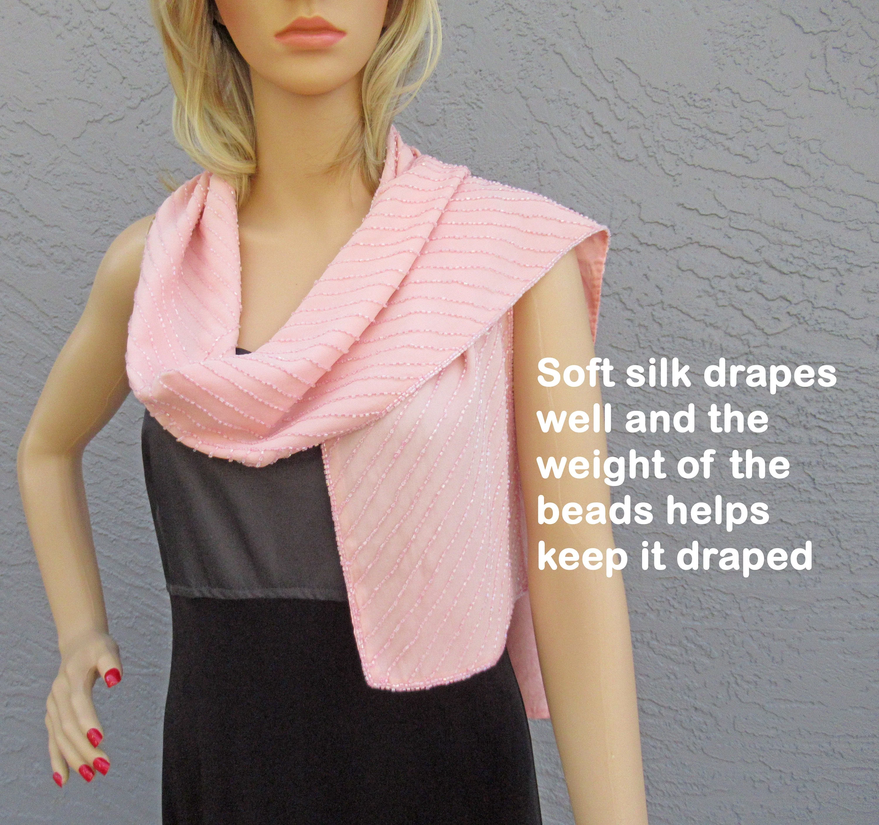 Ann Taylor Oblong Silk Scarf 68 8 Oblong Made In India Diagonal Lines of Tiny Pink Beads Double Sided Wsolid Pink Side Vintage by Ann Taylor - Image 6