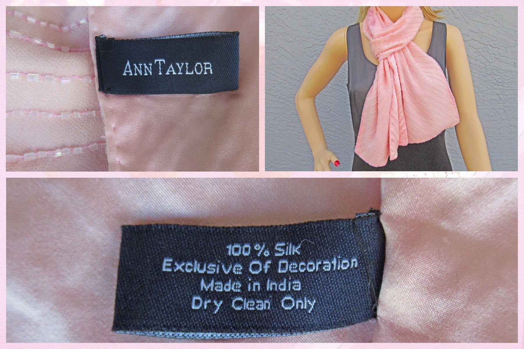 Ann Taylor Oblong Silk Scarf 68 8 Oblong Made In India Diagonal Lines of Tiny Pink Beads Double Sided Wsolid Pink Side Vintage by Ann Taylor - Image 7