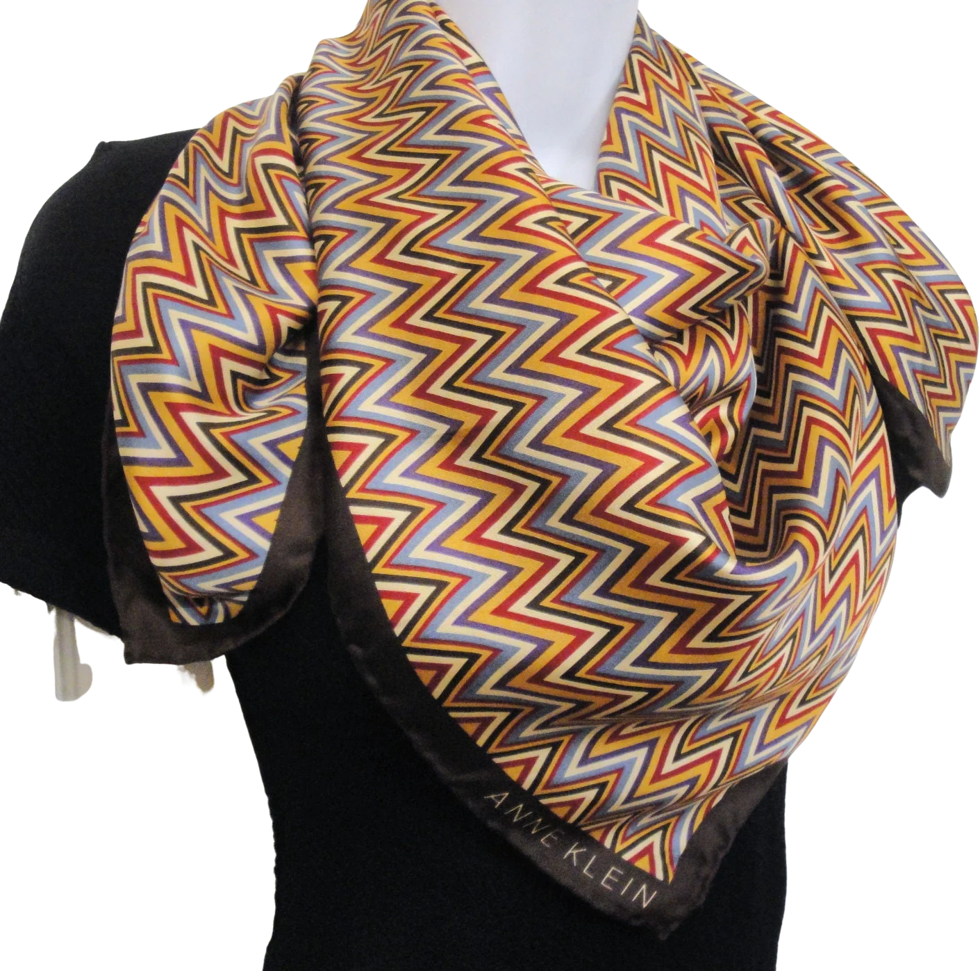 Anne Klein Square Silk Scarf Zig Zag Design In Brown Purple Wedgewood Blue Gold Cream Bonus Magnetic Brooch Vintage Classic by Anne Klein