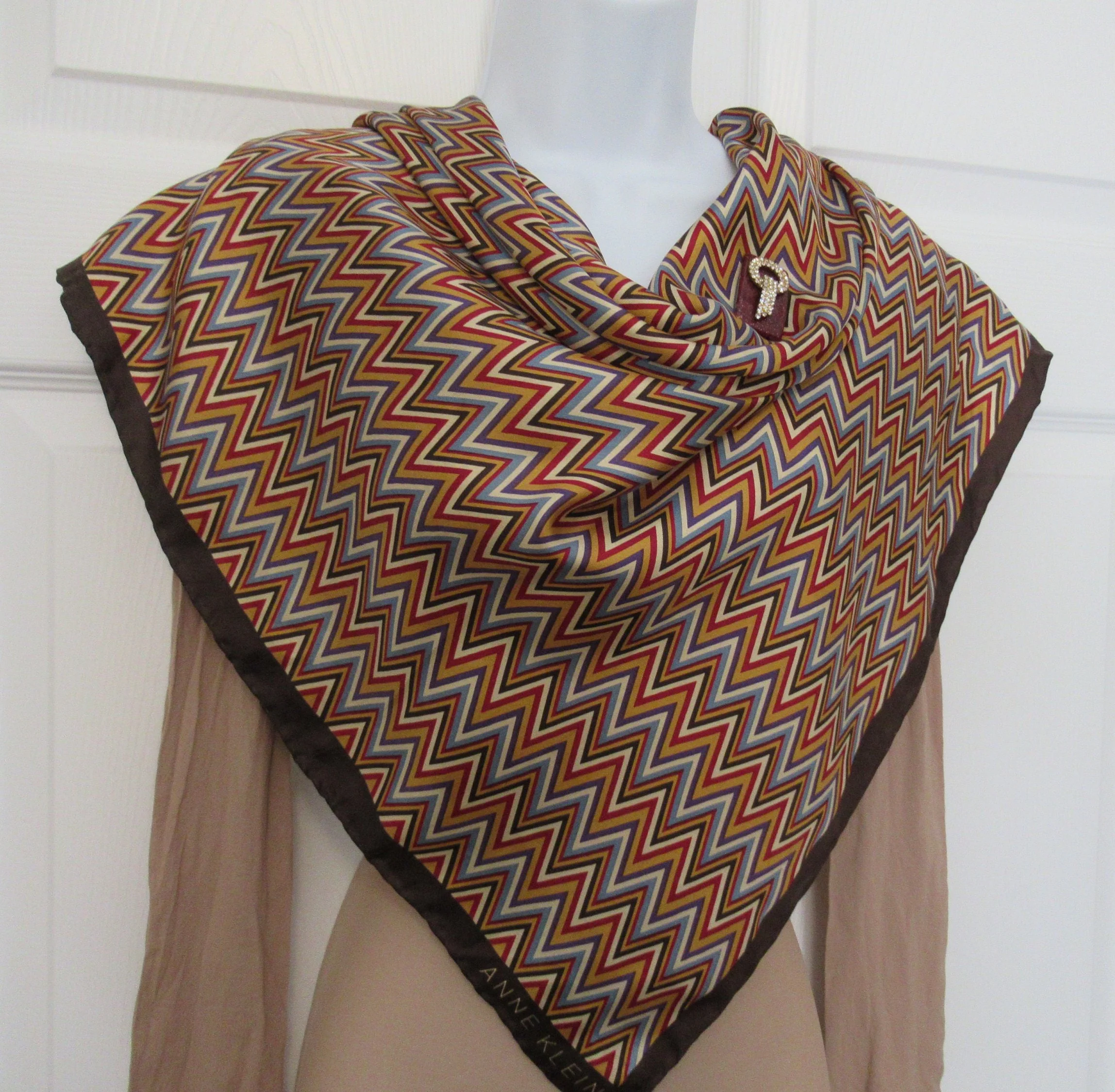 Anne Klein Square Silk Scarf Zig Zag Design In Brown Purple Wedgewood Blue Gold Cream Bonus Magnetic Brooch Vintage Classic by Anne Klein - Image 10