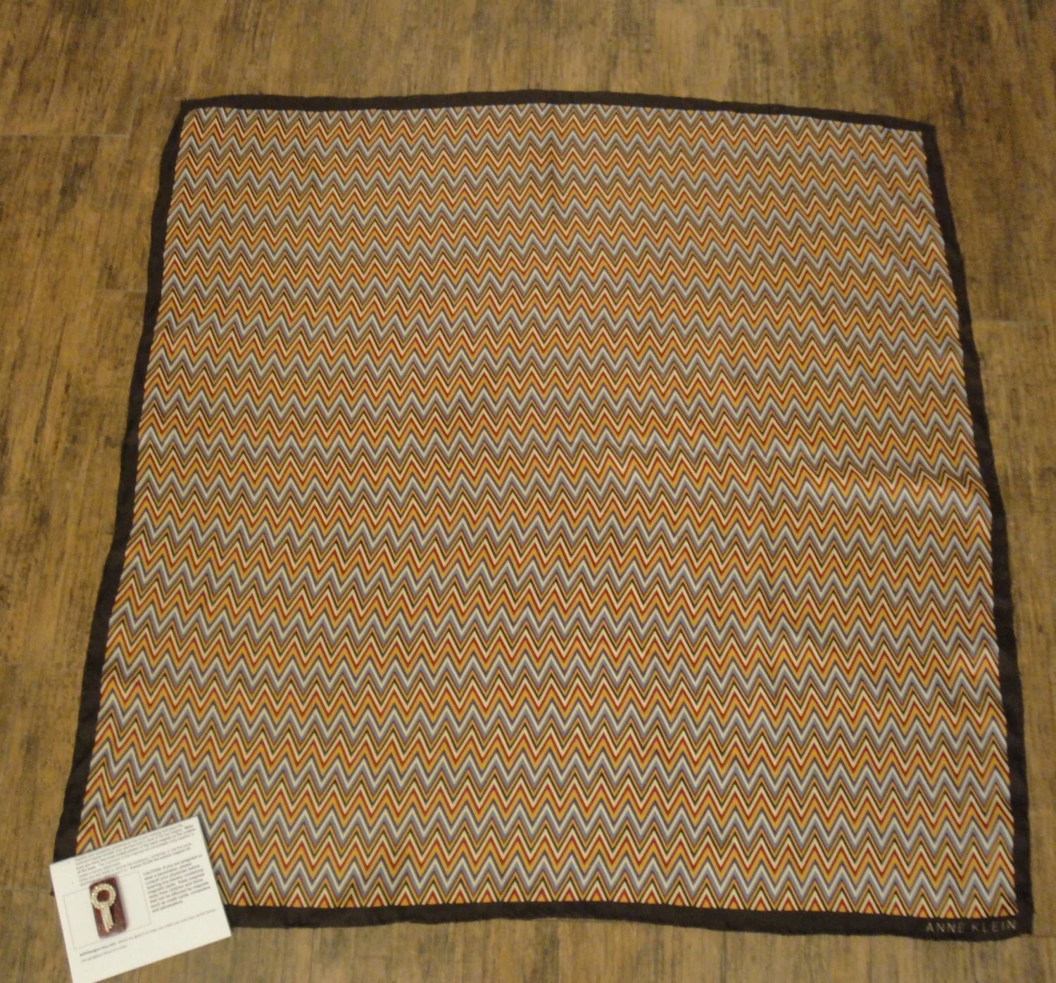 Anne Klein Square Silk Scarf Zig Zag Design In Brown Purple Wedgewood Blue Gold Cream Bonus Magnetic Brooch Vintage Classic by Anne Klein - Image 2
