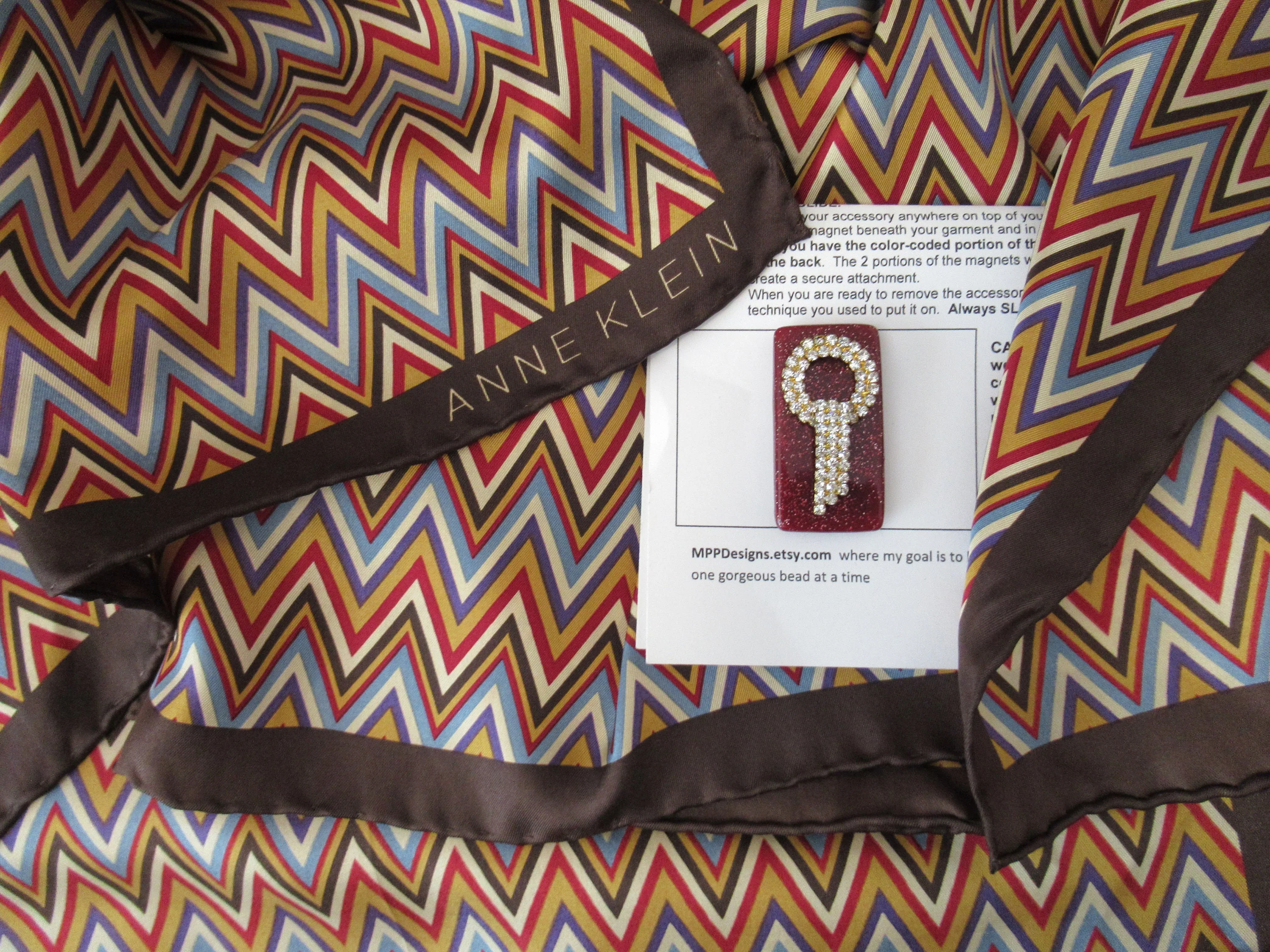 Anne Klein Square Silk Scarf Zig Zag Design In Brown Purple Wedgewood Blue Gold Cream Bonus Magnetic Brooch Vintage Classic by Anne Klein - Image 3