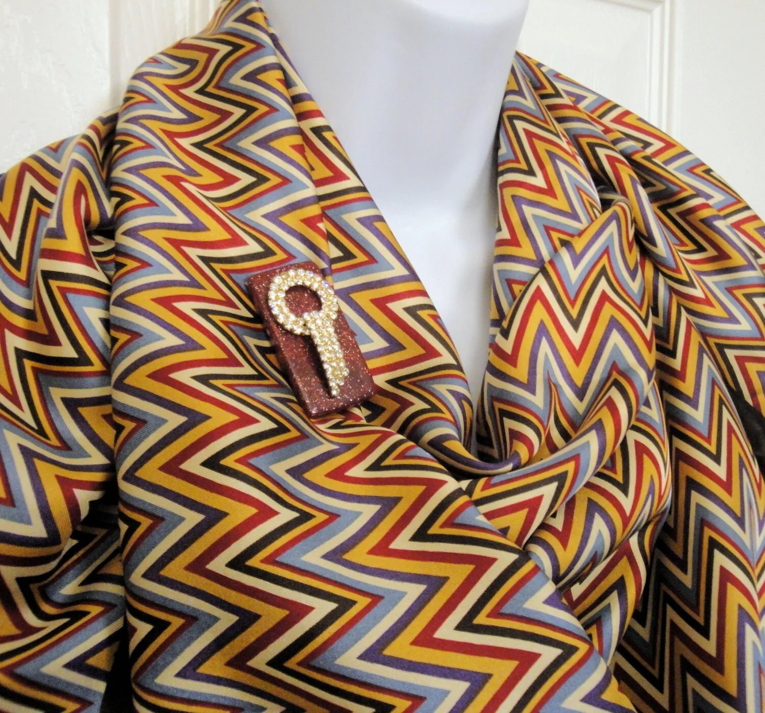 Anne Klein Square Silk Scarf Zig Zag Design In Brown Purple Wedgewood Blue Gold Cream Bonus Magnetic Brooch Vintage Classic by Anne Klein - Image 4