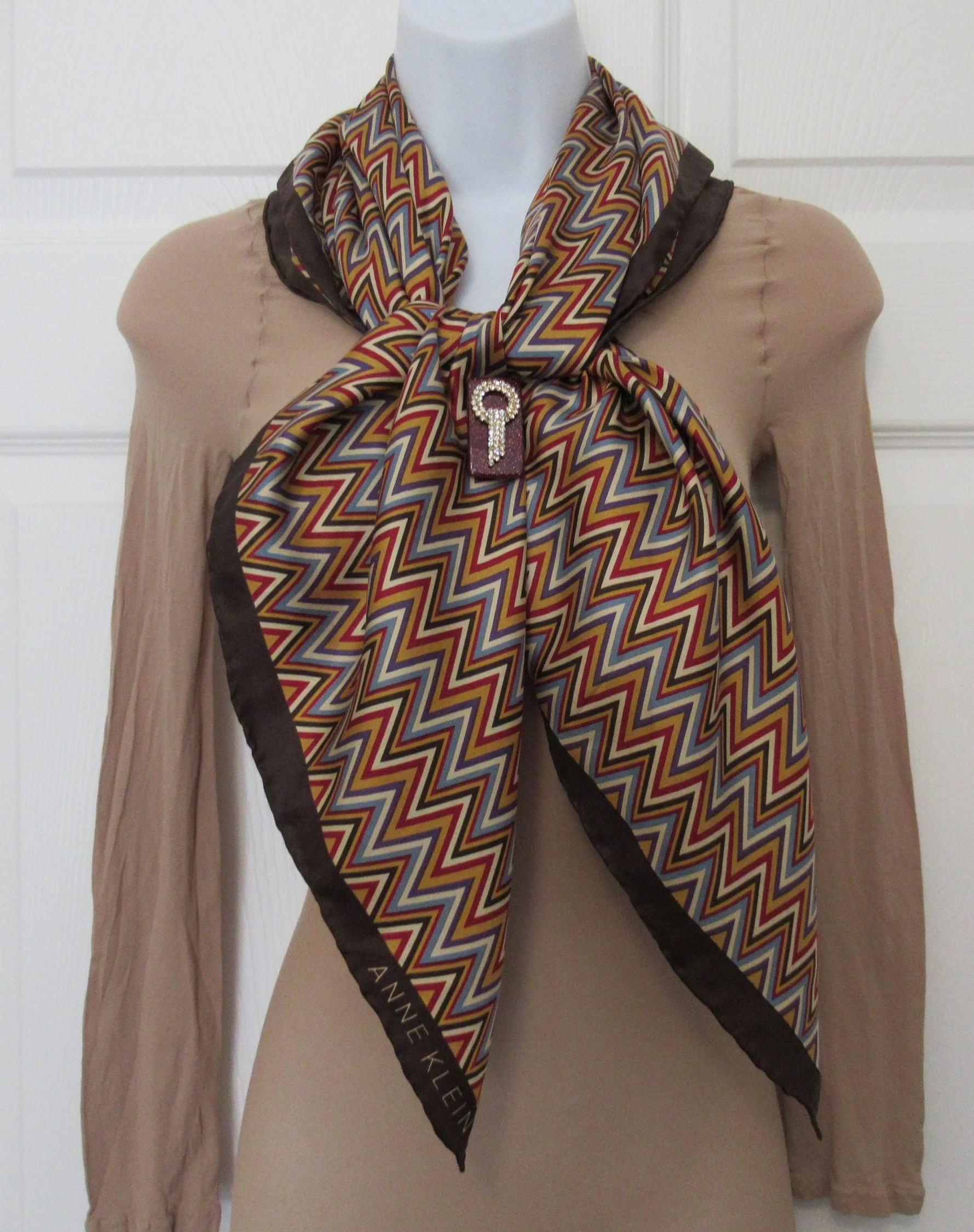 Anne Klein Square Silk Scarf Zig Zag Design In Brown Purple Wedgewood Blue Gold Cream Bonus Magnetic Brooch Vintage Classic by Anne Klein - Image 5