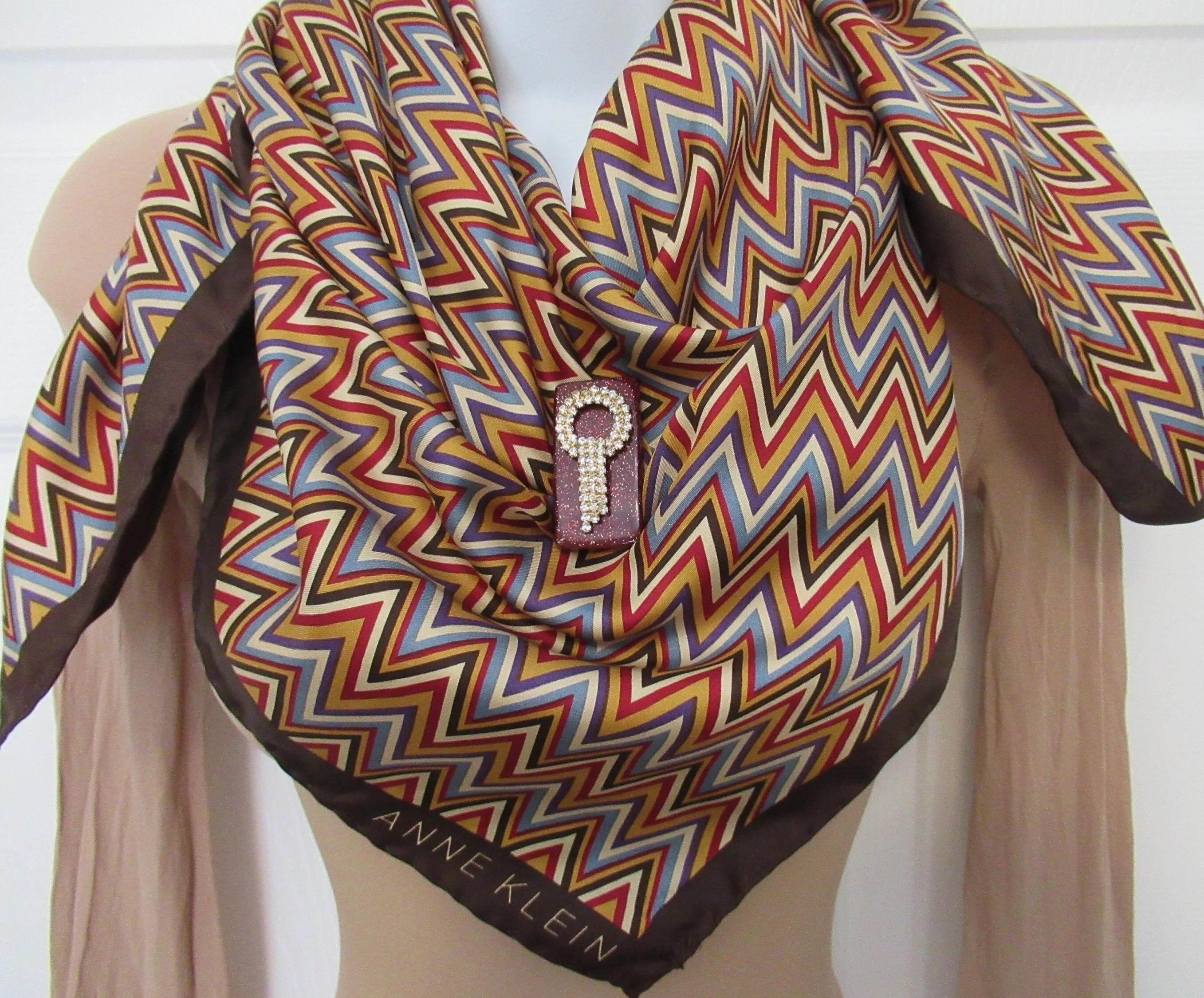 Anne Klein Square Silk Scarf Zig Zag Design In Brown Purple Wedgewood Blue Gold Cream Bonus Magnetic Brooch Vintage Classic by Anne Klein - Image 8