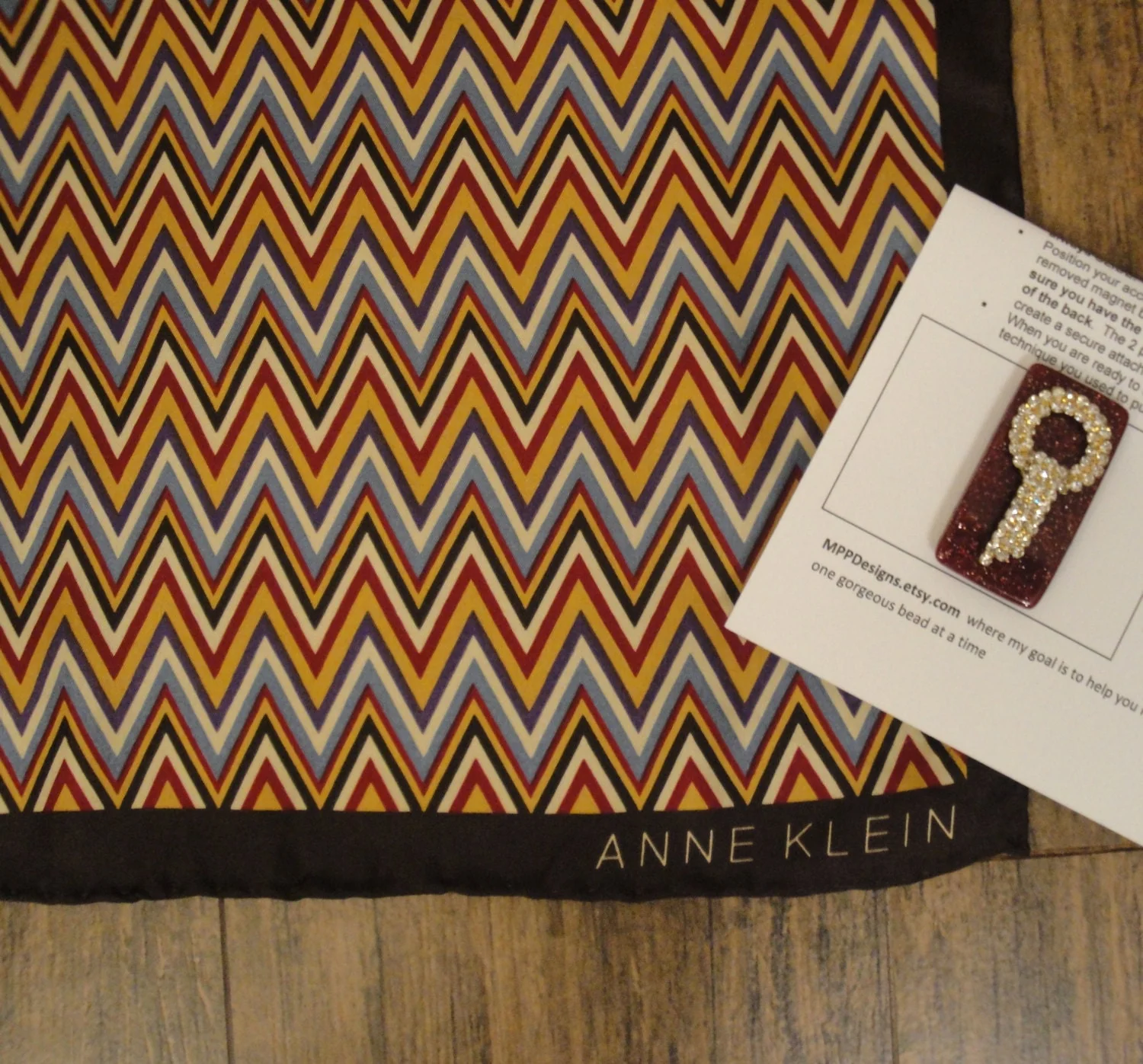 Anne Klein Square Silk Scarf Zig Zag Design In Brown Purple Wedgewood Blue Gold Cream Bonus Magnetic Brooch Vintage Classic by Anne Klein - Image 9