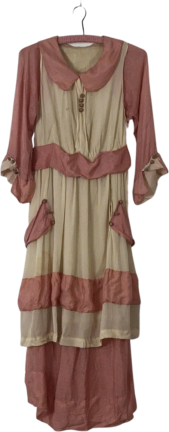 Antique 10s 20s Ivory and Pink Pinstriped Silk Collared Dress Pagoda Sleeves
