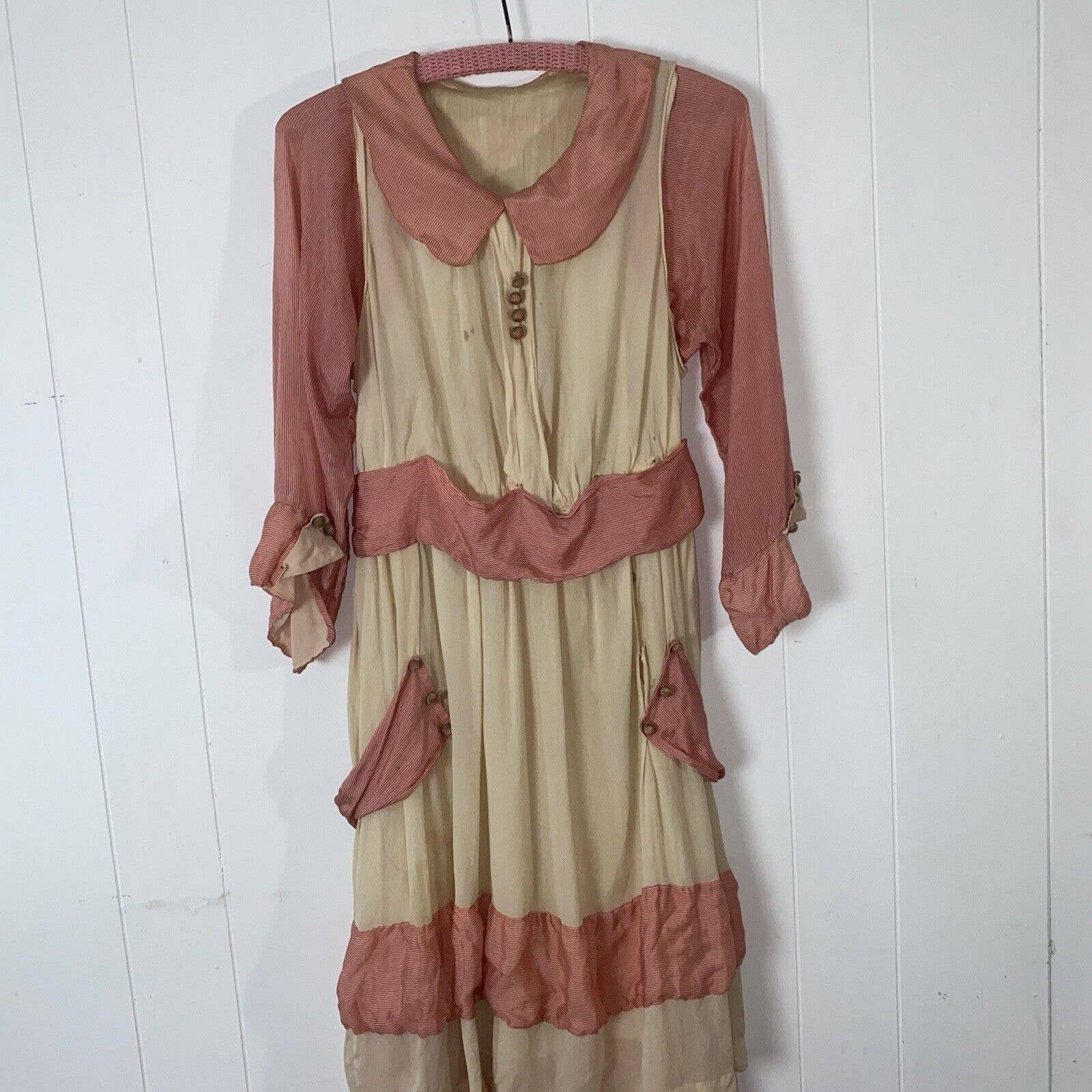 Antique 10s 20s Ivory and Pink Pinstriped Silk Collared Dress Pagoda Sleeves - Image 3