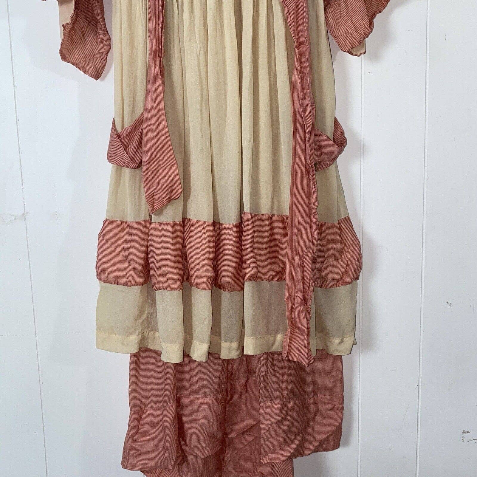 Antique 10s 20s Ivory and Pink Pinstriped Silk Collared Dress Pagoda Sleeves - Image 6