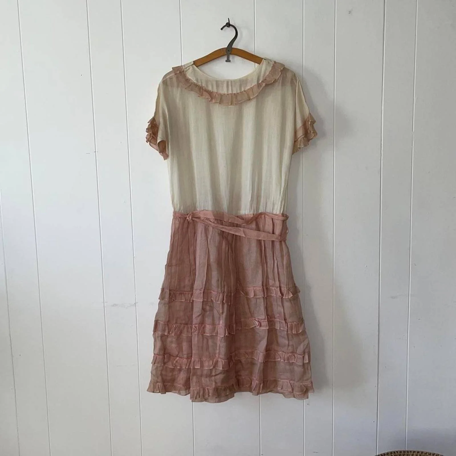 Antique 20s Ivory Cotton Voile Pink Organza Ruffle Drop Waist Flapper Dress Tea Dress Knee Length - Image 4