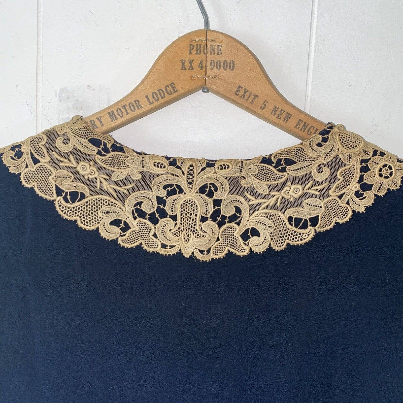 Antique 20s Navy Rayon Crepe Drop Waist Dress Crochet Collar Ruffle Hem - Image 6