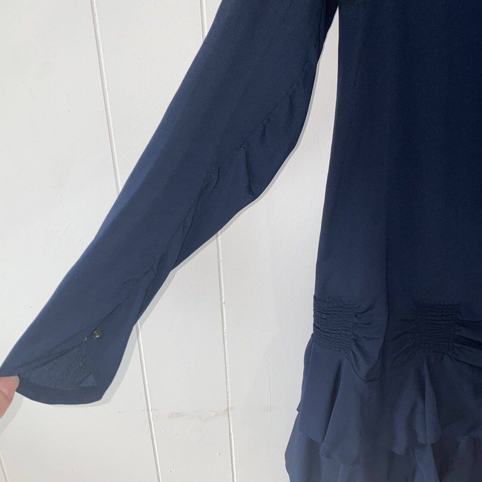 Antique 20s Navy Rayon Crepe Drop Waist Dress Crochet Collar Ruffle Hem - Image 7