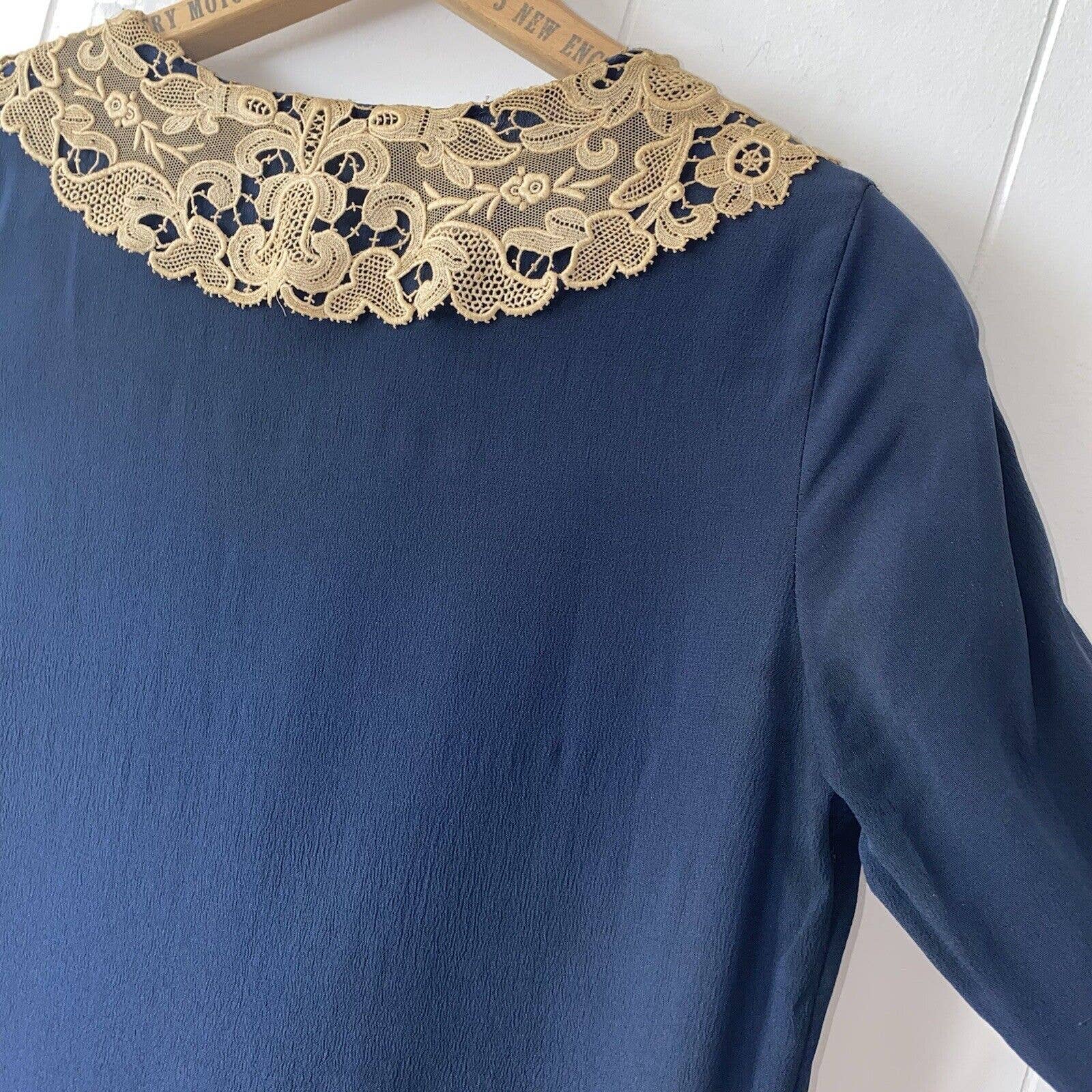 Antique 20s Navy Rayon Crepe Drop Waist Dress Crochet Collar Ruffle Hem - Image 8