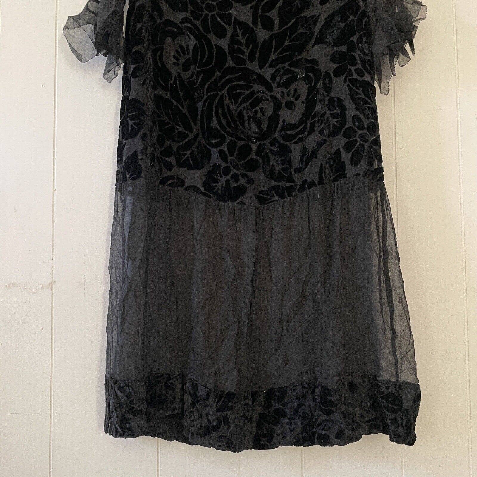 Antique 20s Silk Chiffon Devore Velvet Shift Dress Frill/flute Sleeves - Image 2