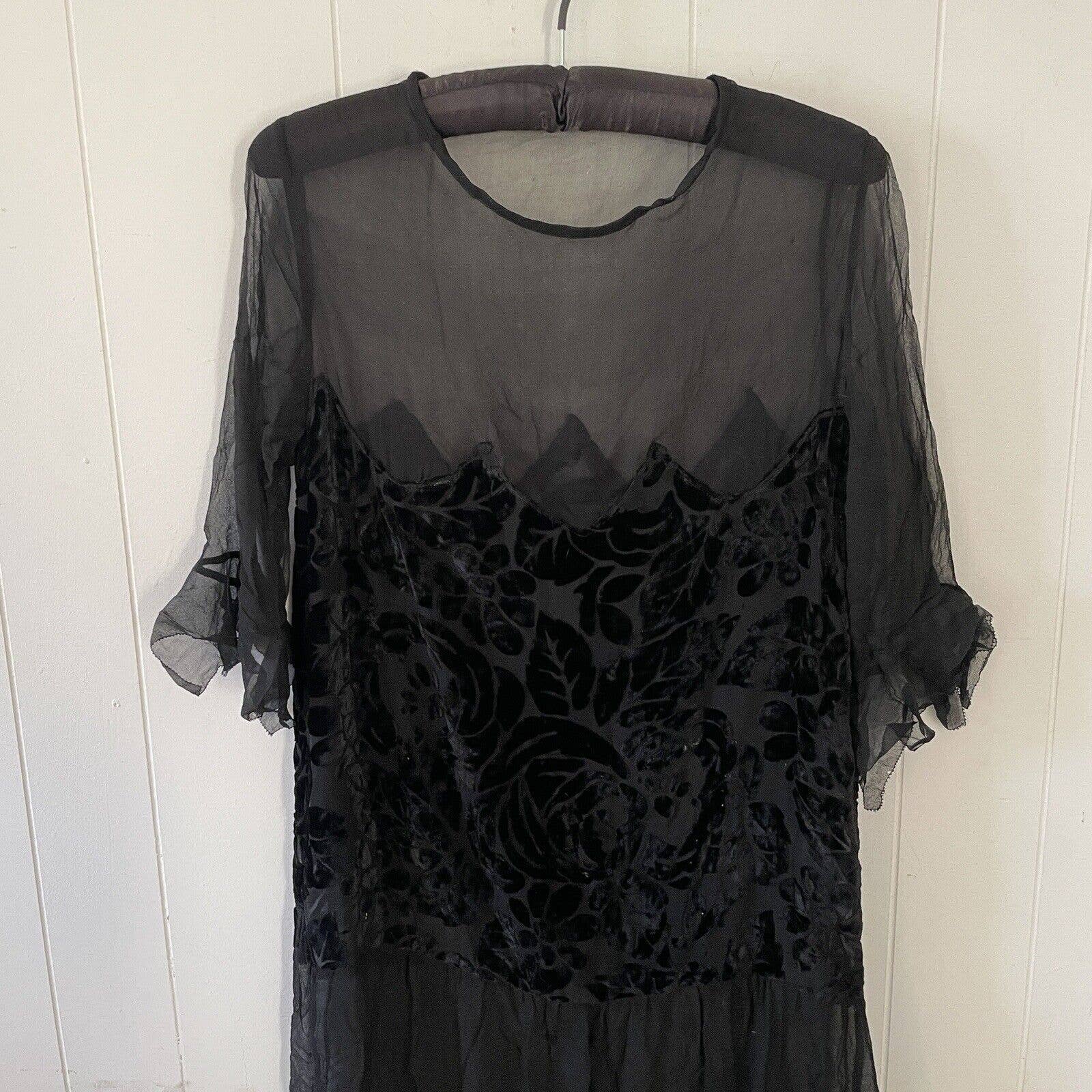 Antique 20s Silk Chiffon Devore Velvet Shift Dress Frill/flute Sleeves - Image 3
