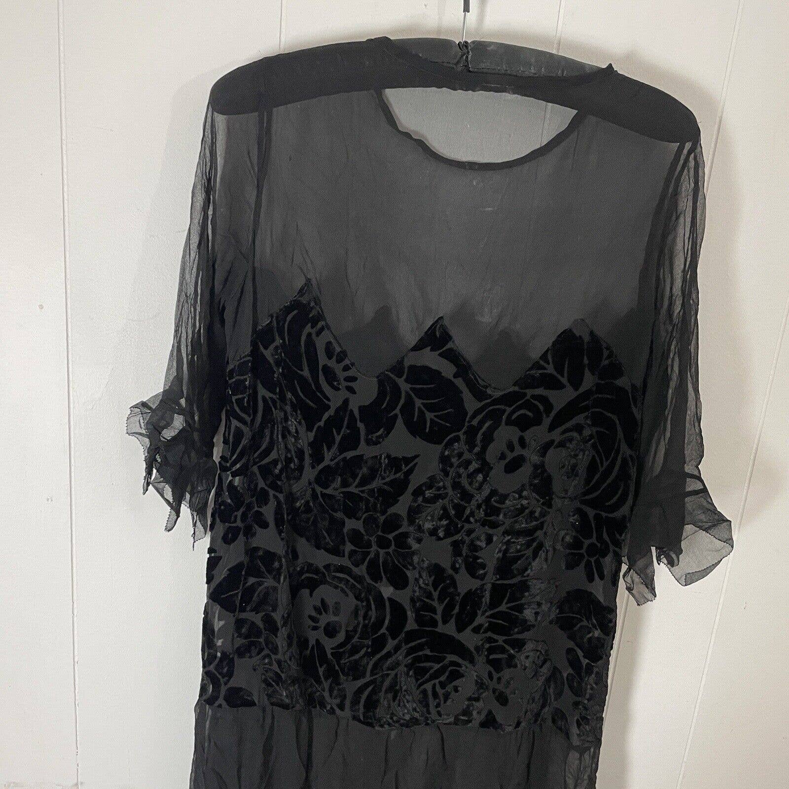 Antique 20s Silk Chiffon Devore Velvet Shift Dress Frill/flute Sleeves - Image 5