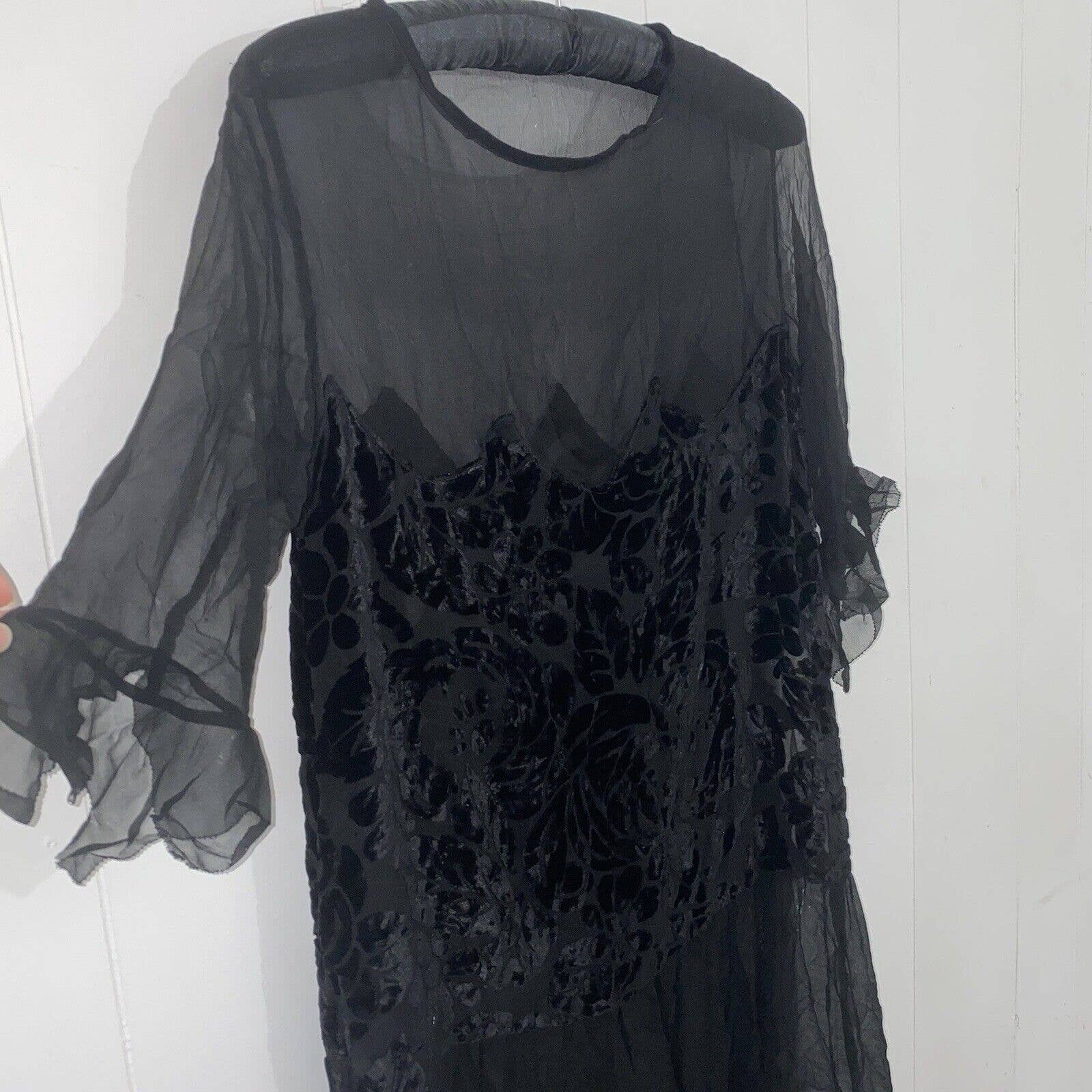 Antique 20s Silk Chiffon Devore Velvet Shift Dress Frill/flute Sleeves - Image 9