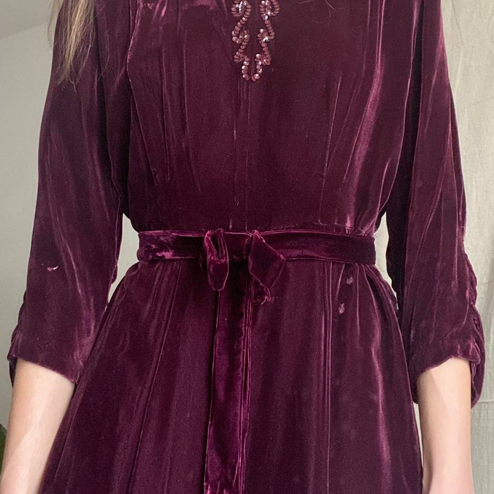 Antique 30s 30s Burgundy Velvet Evening Gown Midi Dress - Image 4