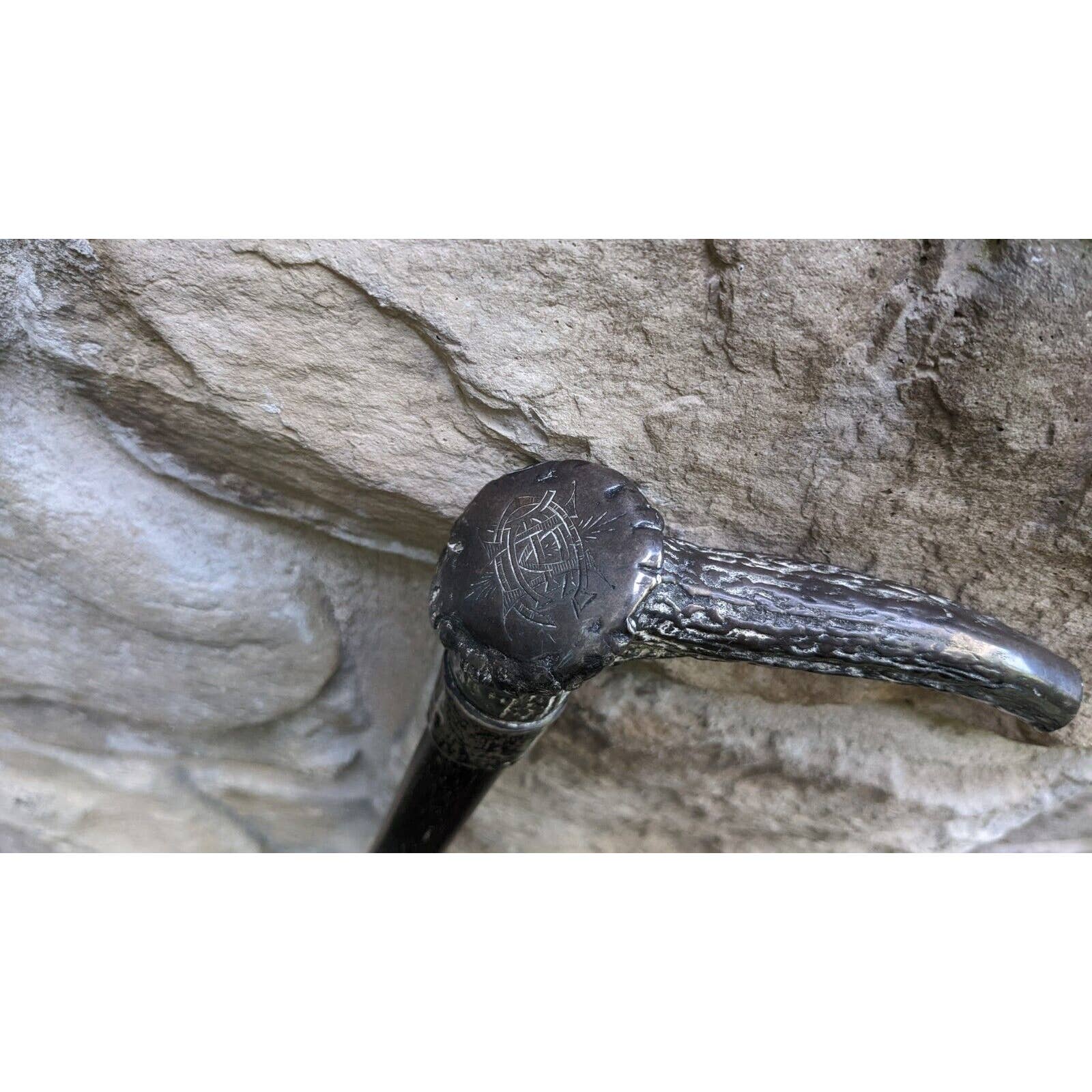 Antique Cane Handle: Metal. Faux Horn Pattern/shape. Engraved "emc" Late 19th - Image 6