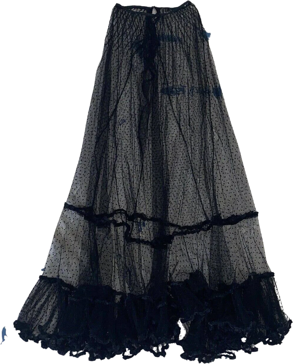 Antique Edwardian Black Net Swiss Dot Full Length Maxi Skirt Ruffle