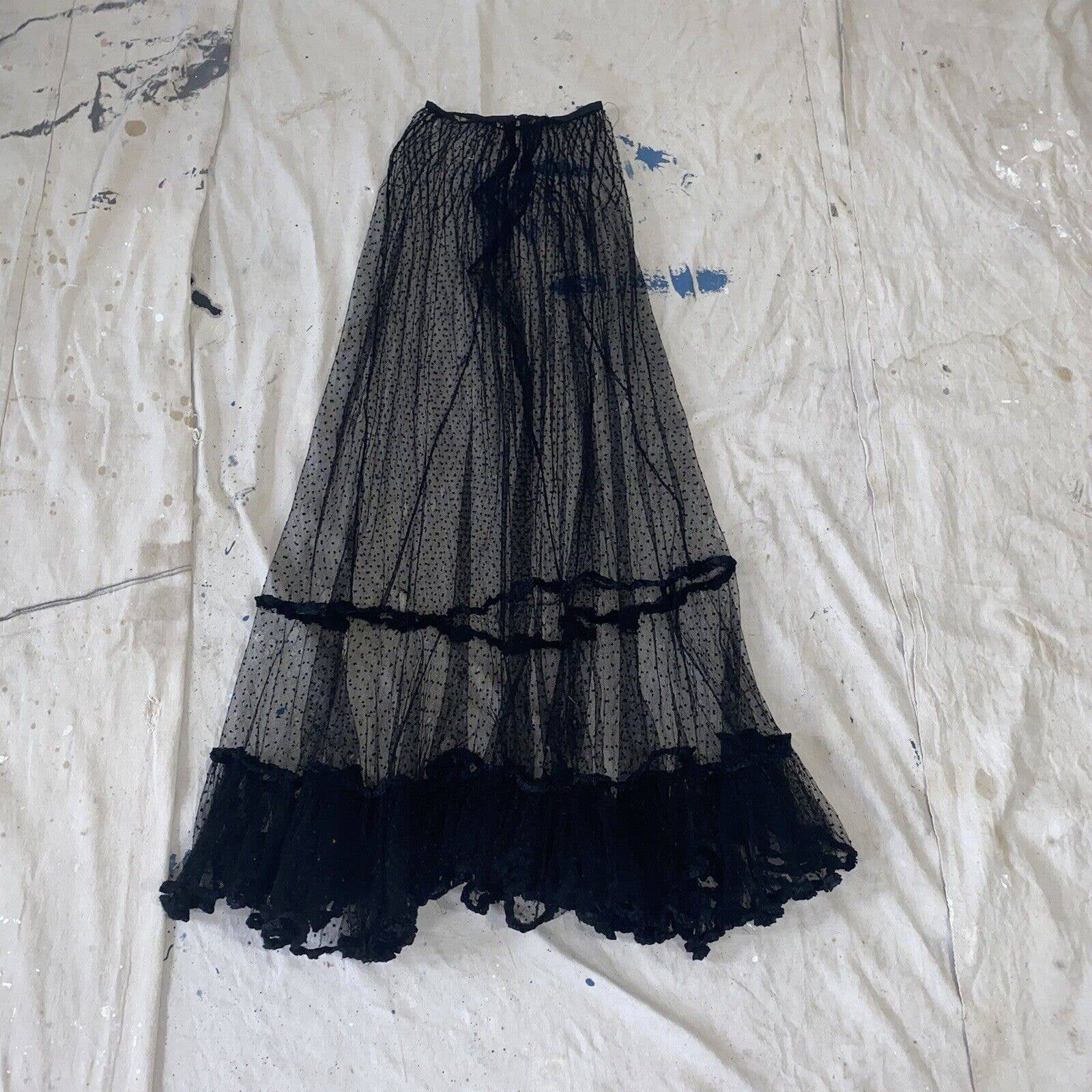 Antique Edwardian Black Net Swiss Dot Full Length Maxi Skirt Ruffle - Image 2