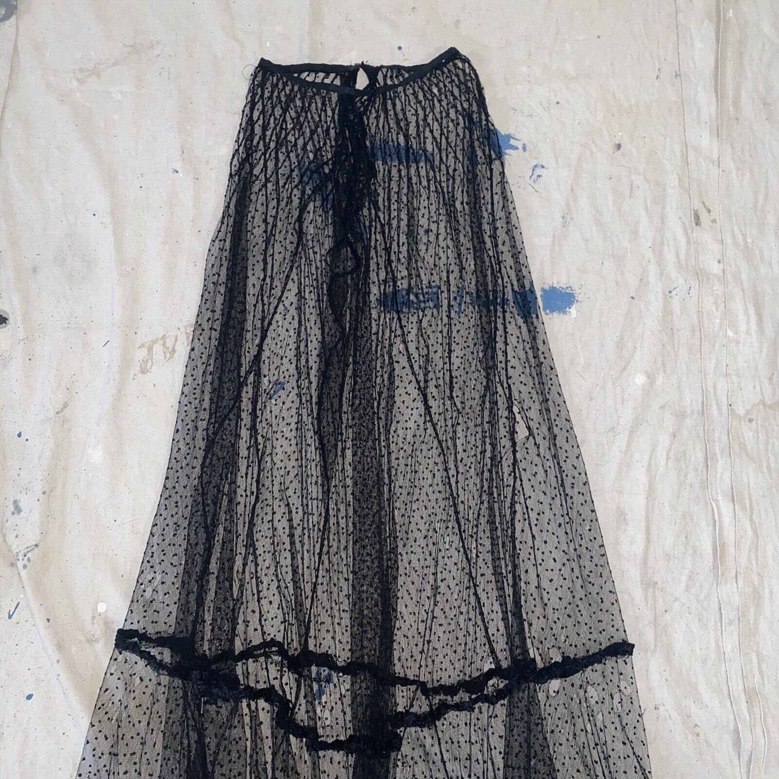 Antique Edwardian Black Net Swiss Dot Full Length Maxi Skirt Ruffle - Image 4