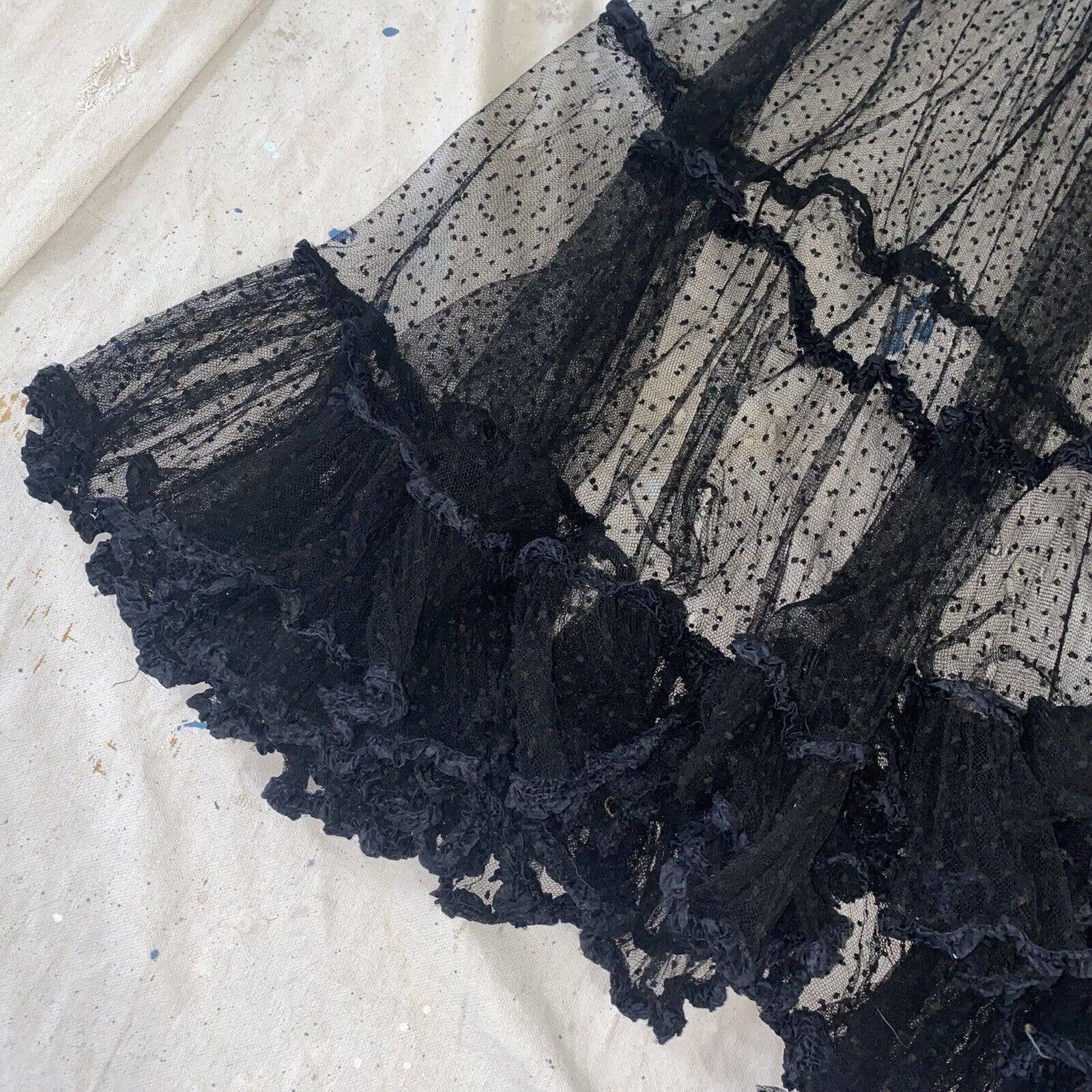 Antique Edwardian Black Net Swiss Dot Full Length Maxi Skirt Ruffle - Image 5