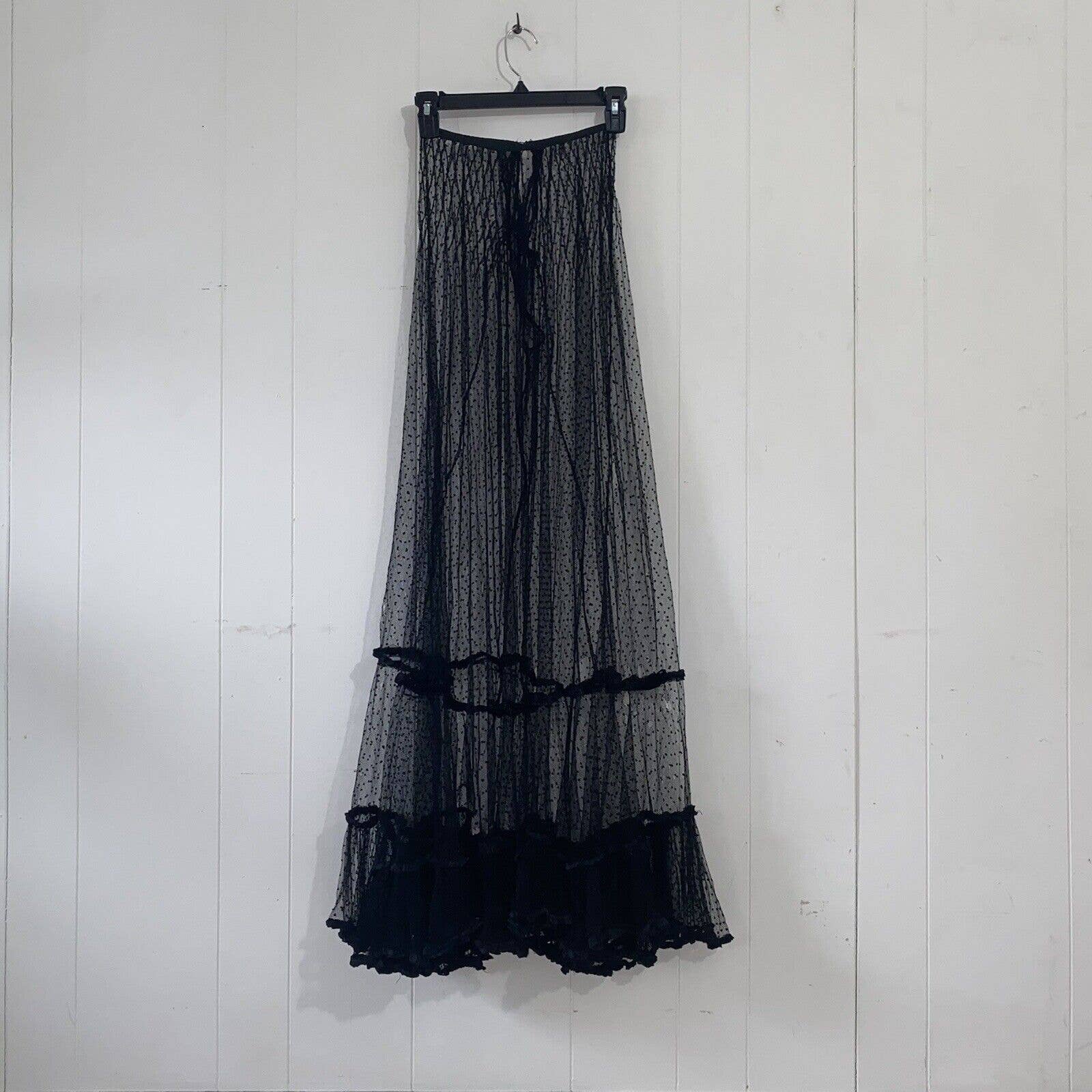 Antique Edwardian Black Net Swiss Dot Full Length Maxi Skirt Ruffle - Image 7