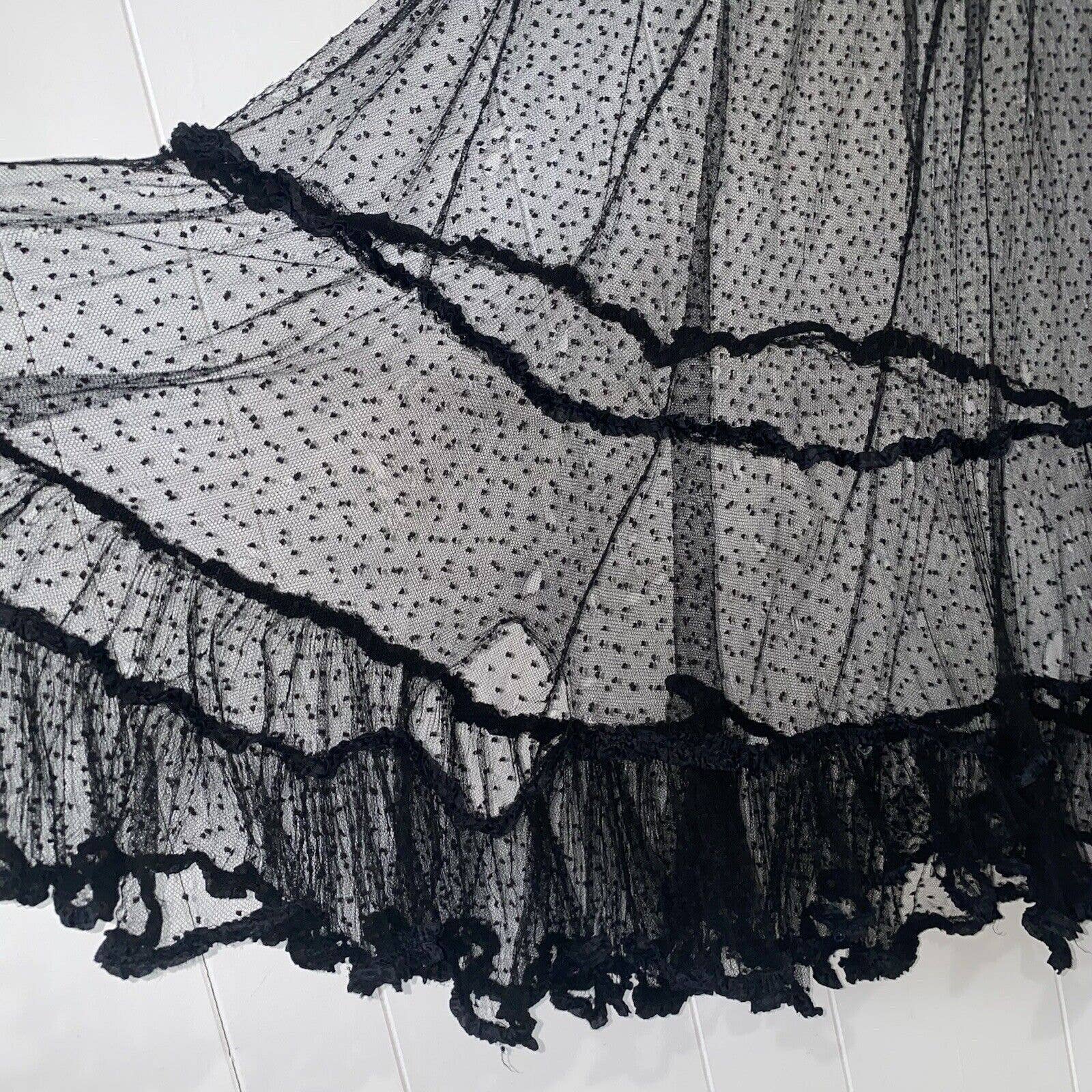 Antique Edwardian Black Net Swiss Dot Full Length Maxi Skirt Ruffle - Image 9